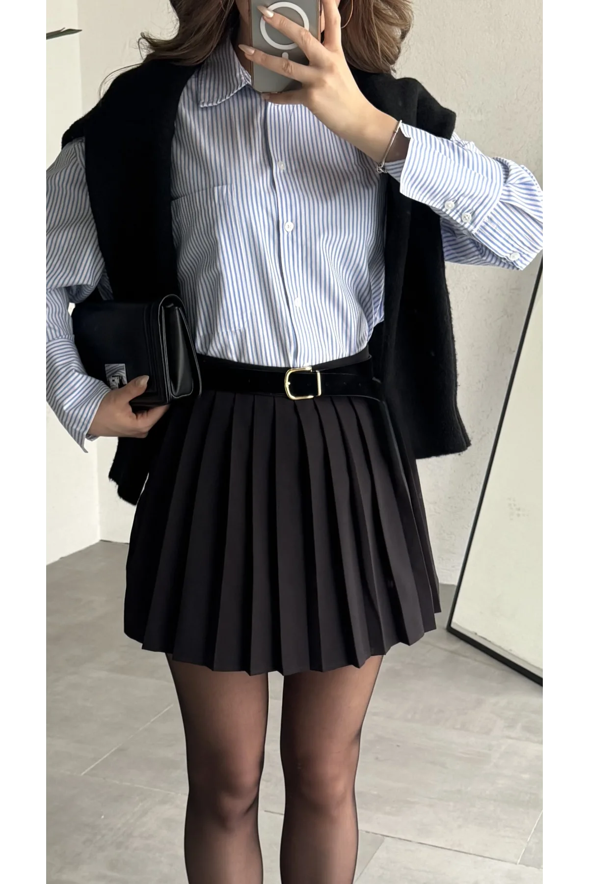 Kadın Siyah Full Pileli Mini Arkası Şort Etek Yüksek Bel Günlük Kombin Etek