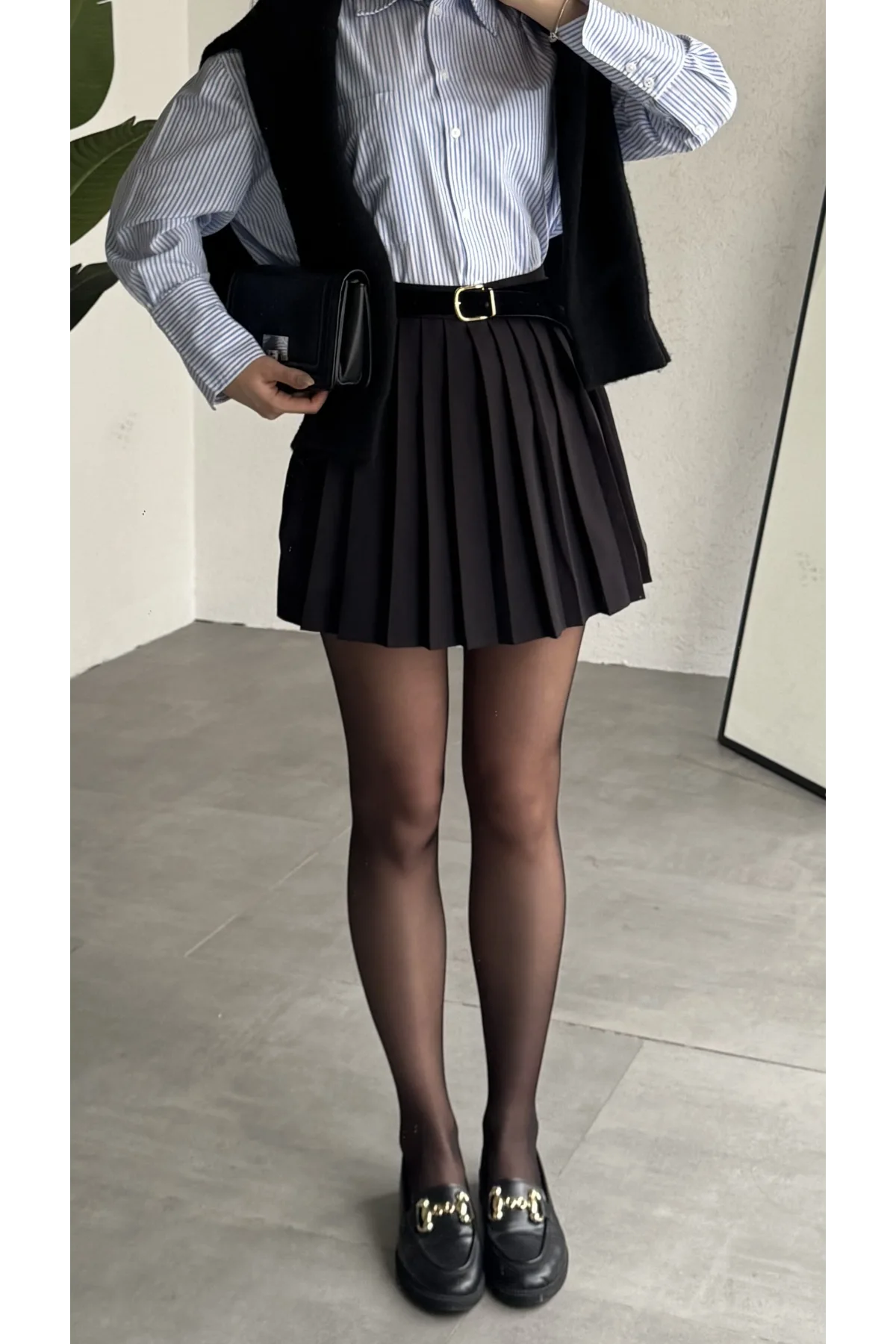 Kadın Siyah Full Pileli Mini Arkası Şort Etek Yüksek Bel Günlük Kombin Etek