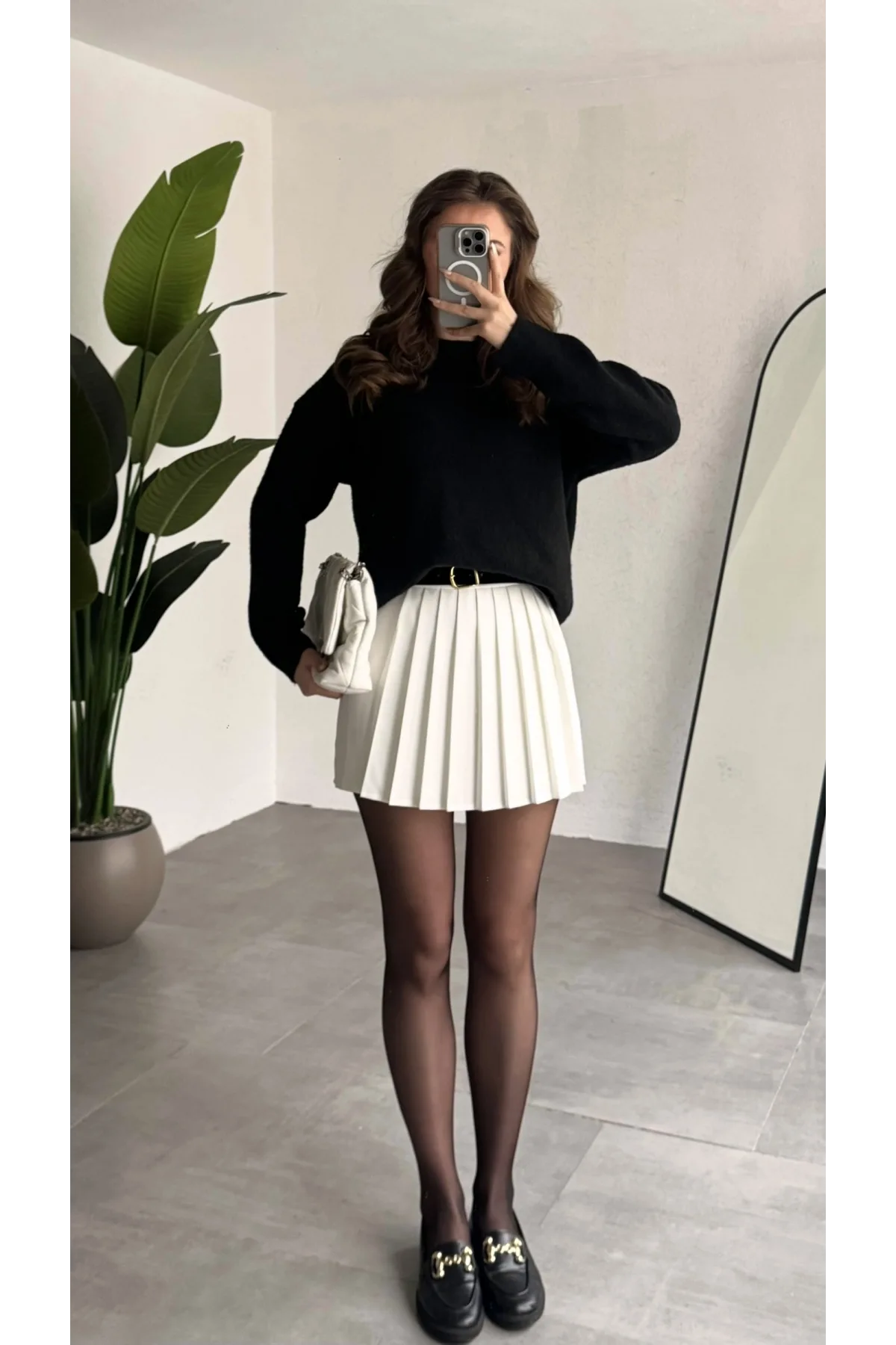 Kadın Beyaz Full Pileli Mini Arkası Şort Etek Yüksek Bel Günlük Kombin Etek