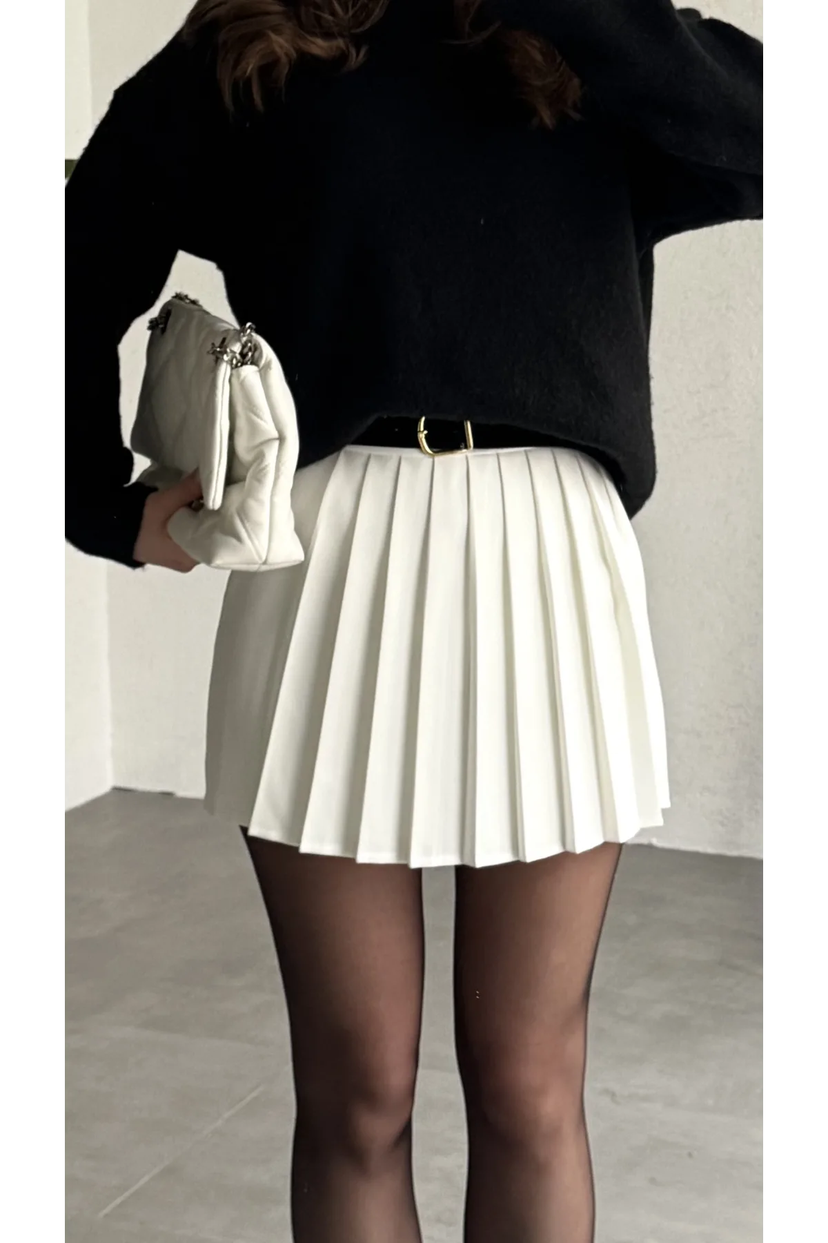 Kadın Beyaz Full Pileli Mini Arkası Şort Etek Yüksek Bel Günlük Kombin Etek