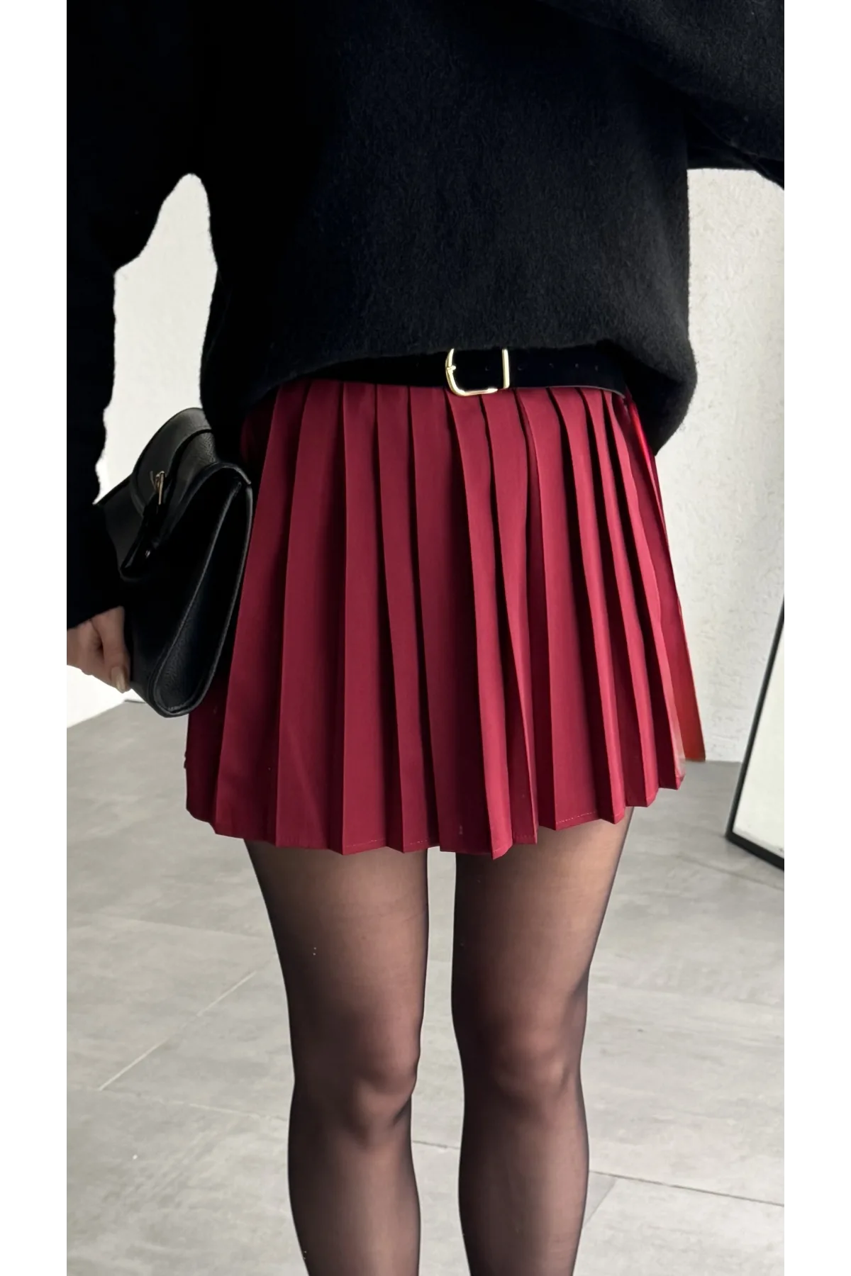 Kadın Bordo Full Pileli Mini Arkası Şort Etek Yüksek Bel Günlük Kombin Etek