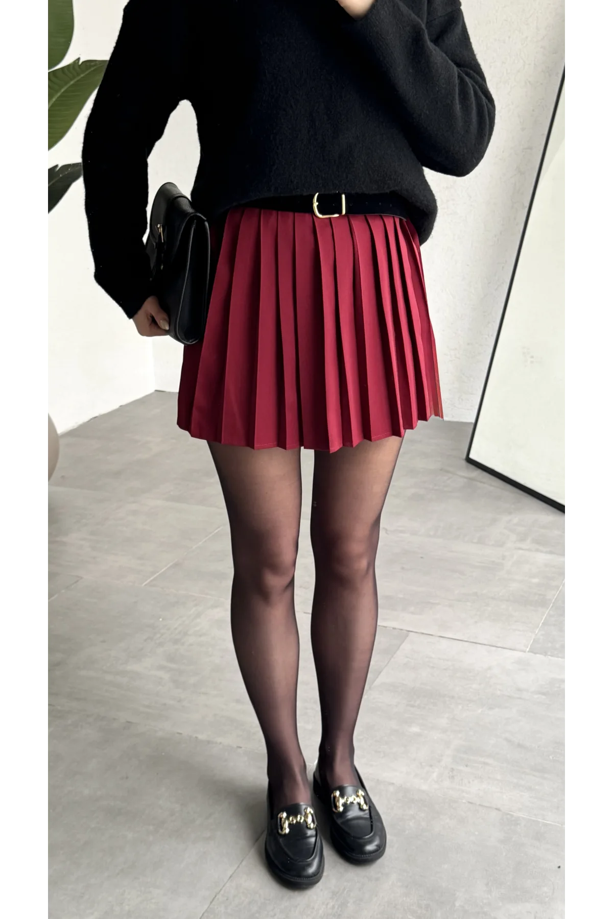 Kadın Bordo Full Pileli Mini Arkası Şort Etek Yüksek Bel Günlük Kombin Etek