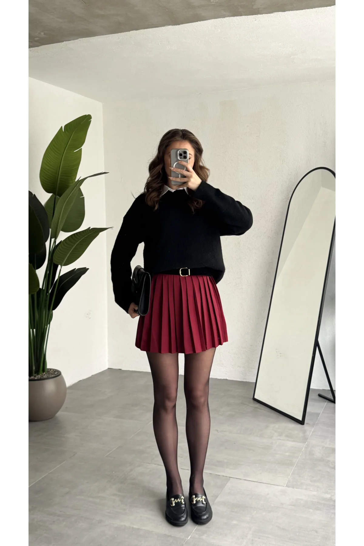 Kadın Bordo Full Pileli Mini Arkası Şort Etek Yüksek Bel Günlük Kombin Etek