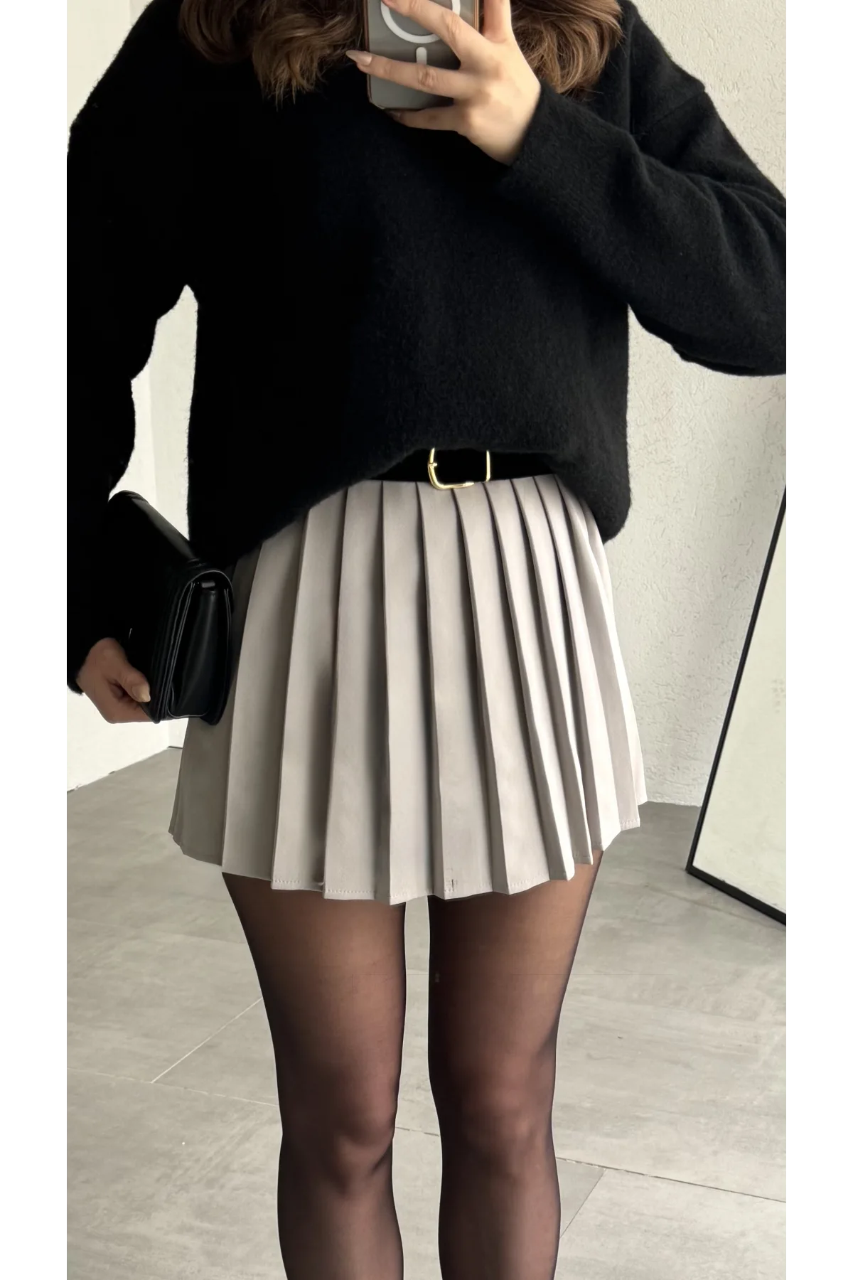 Kadın Gri Full Pileli Mini Arkası Şort Etek Yüksek Bel Günlük Kombin Etek