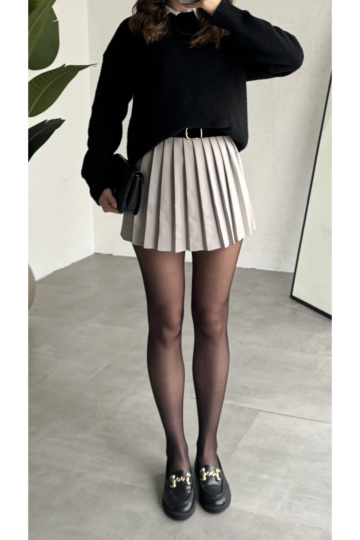 Kadın Gri Full Pileli Mini Arkası Şort Etek Yüksek Bel Günlük Kombin Etek