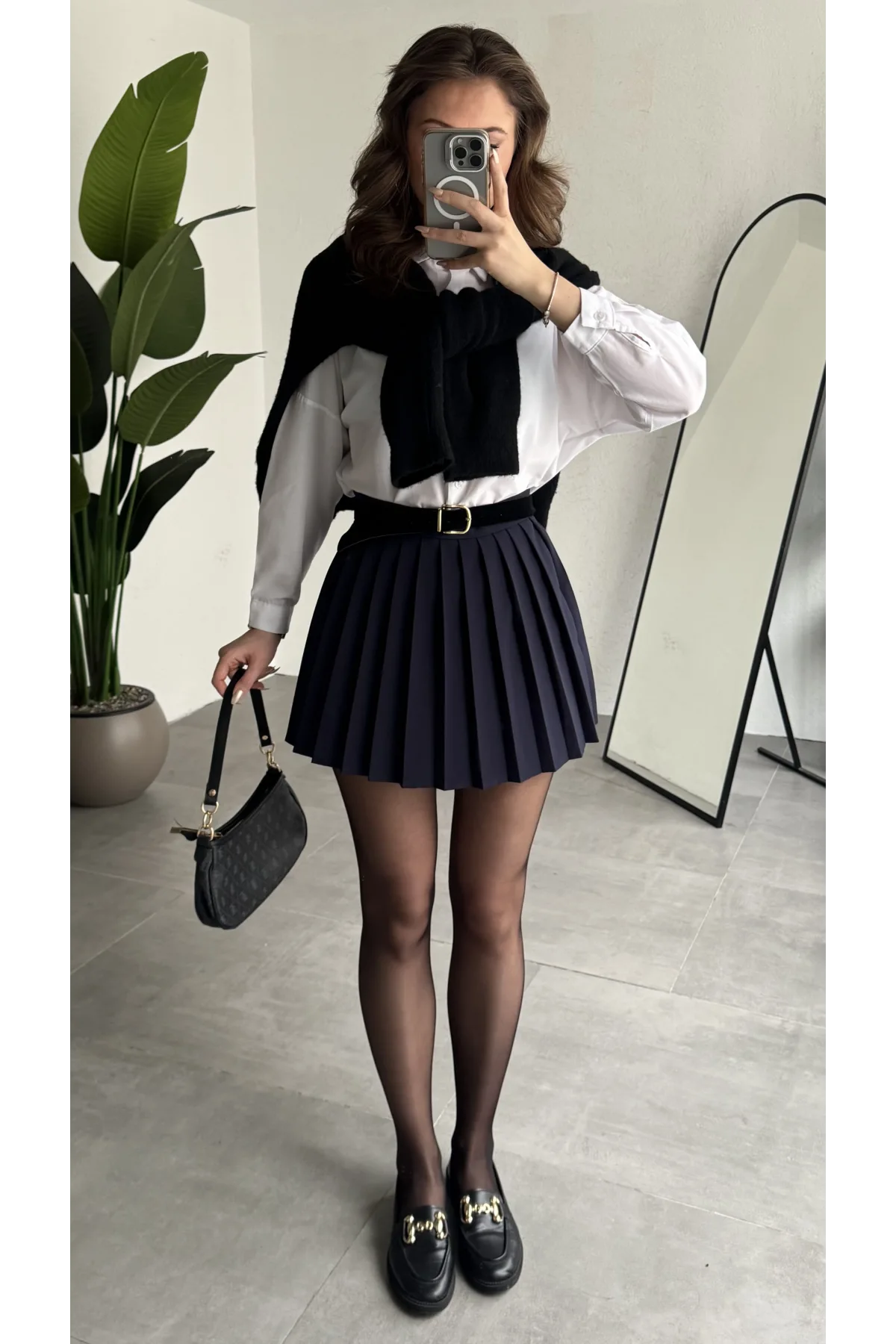 Kadın Lacivert Full Pileli Mini Arkası Şort Etek Yüksek Bel Günlük Kombin Etek