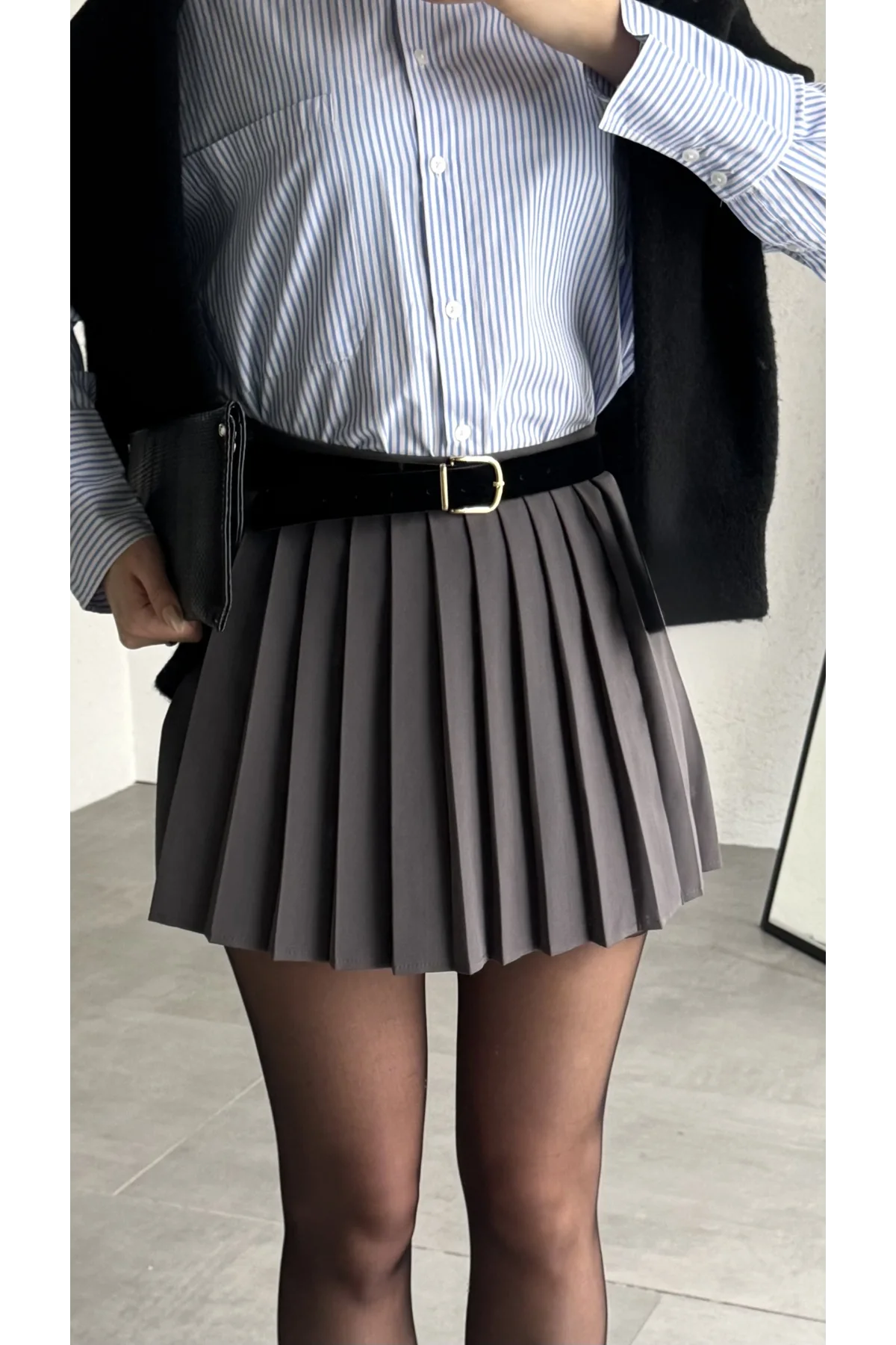 Kadın Antrasit Full Pileli Mini Arkası Şort Etek Yüksek Bel Günlük Kombin Etek