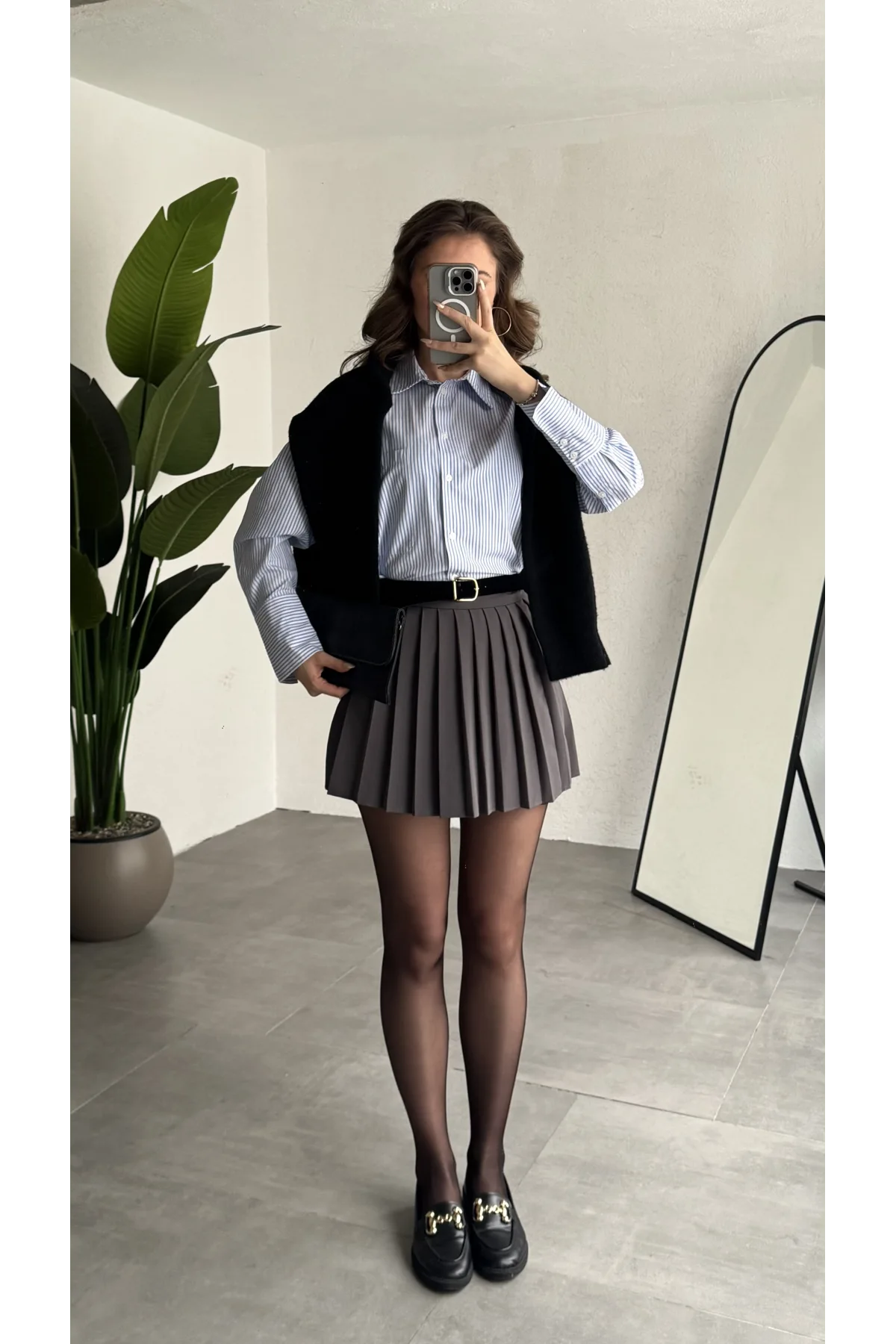 Kadın Antrasit Full Pileli Mini Arkası Şort Etek Yüksek Bel Günlük Kombin Etek