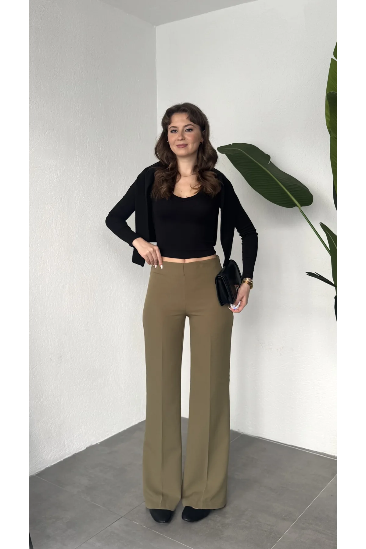 Kadın Haki Yüksek Bel Bol Paça Kumaş Pantolon Toparlayıcı Ofis Günlük Şık Palazzo Pantolon