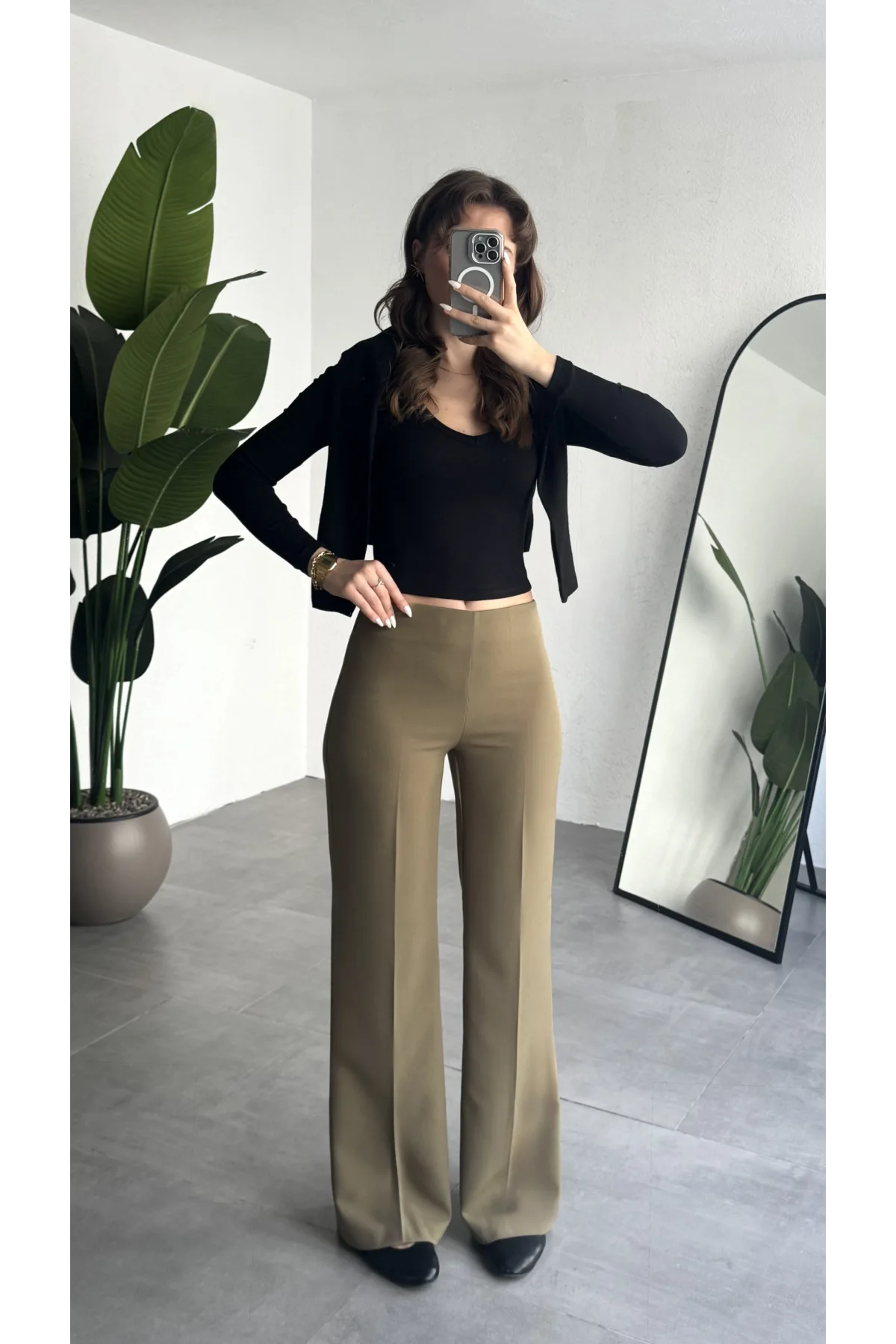 Kadın Haki Yüksek Bel Bol Paça Kumaş Pantolon Toparlayıcı Ofis Günlük Şık Palazzo Pantolon