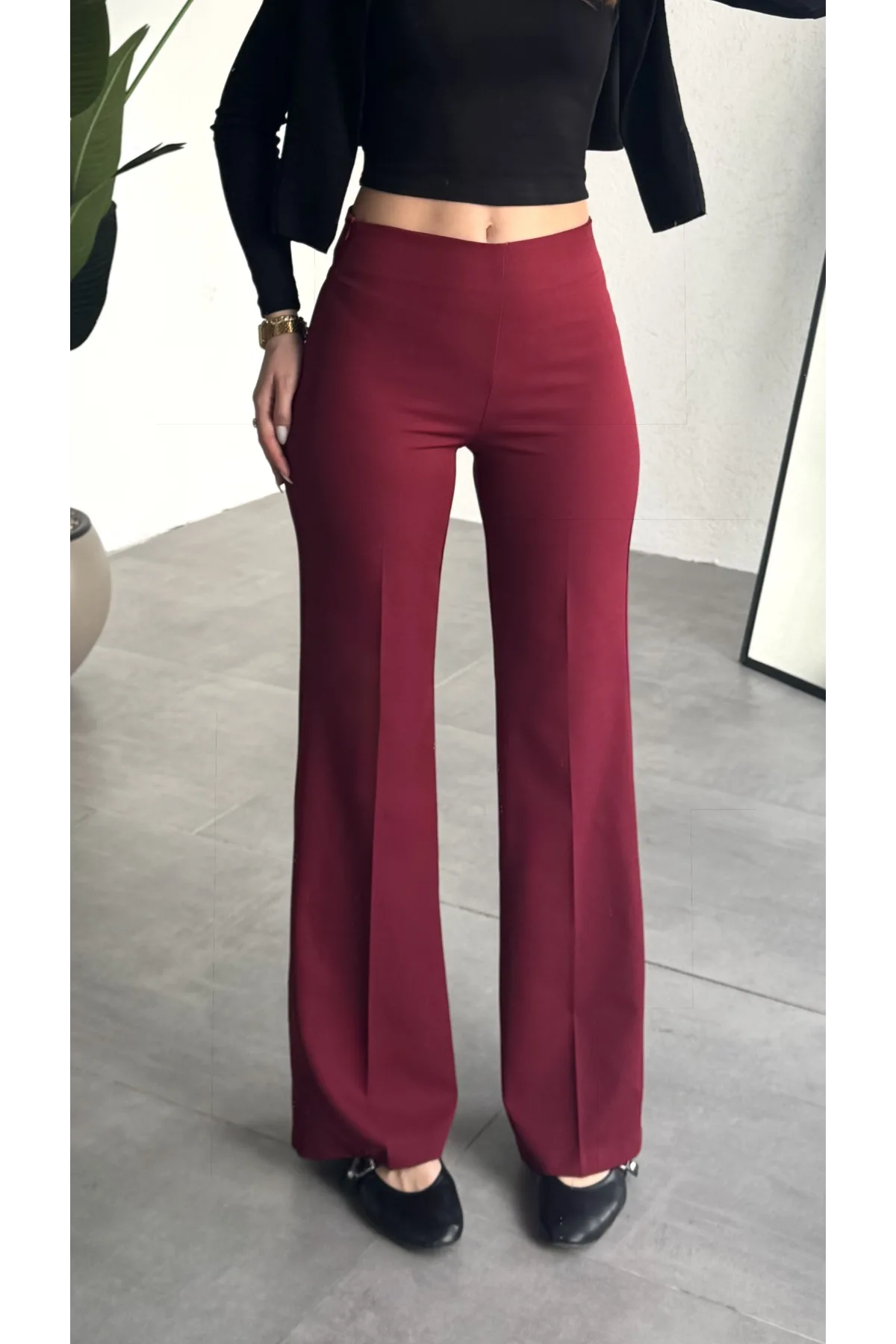 Kadın Bordo Yüksek Bel Bol Paça Kumaş Pantolon Toparlayıcı Ofis Günlük Şık Palazzo Pantolon