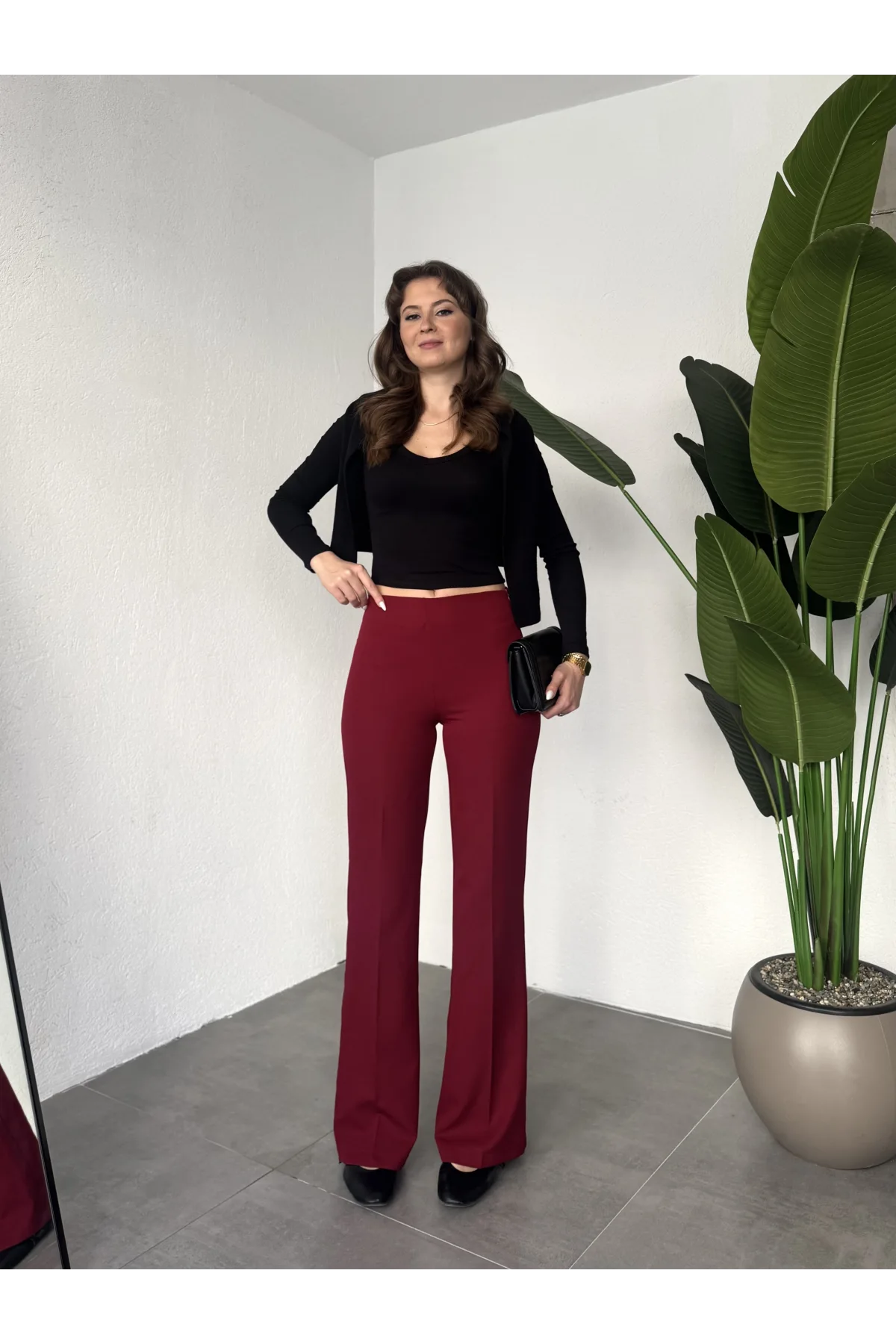 Kadın Bordo Yüksek Bel Bol Paça Kumaş Pantolon Toparlayıcı Ofis Günlük Şık Palazzo Pantolon