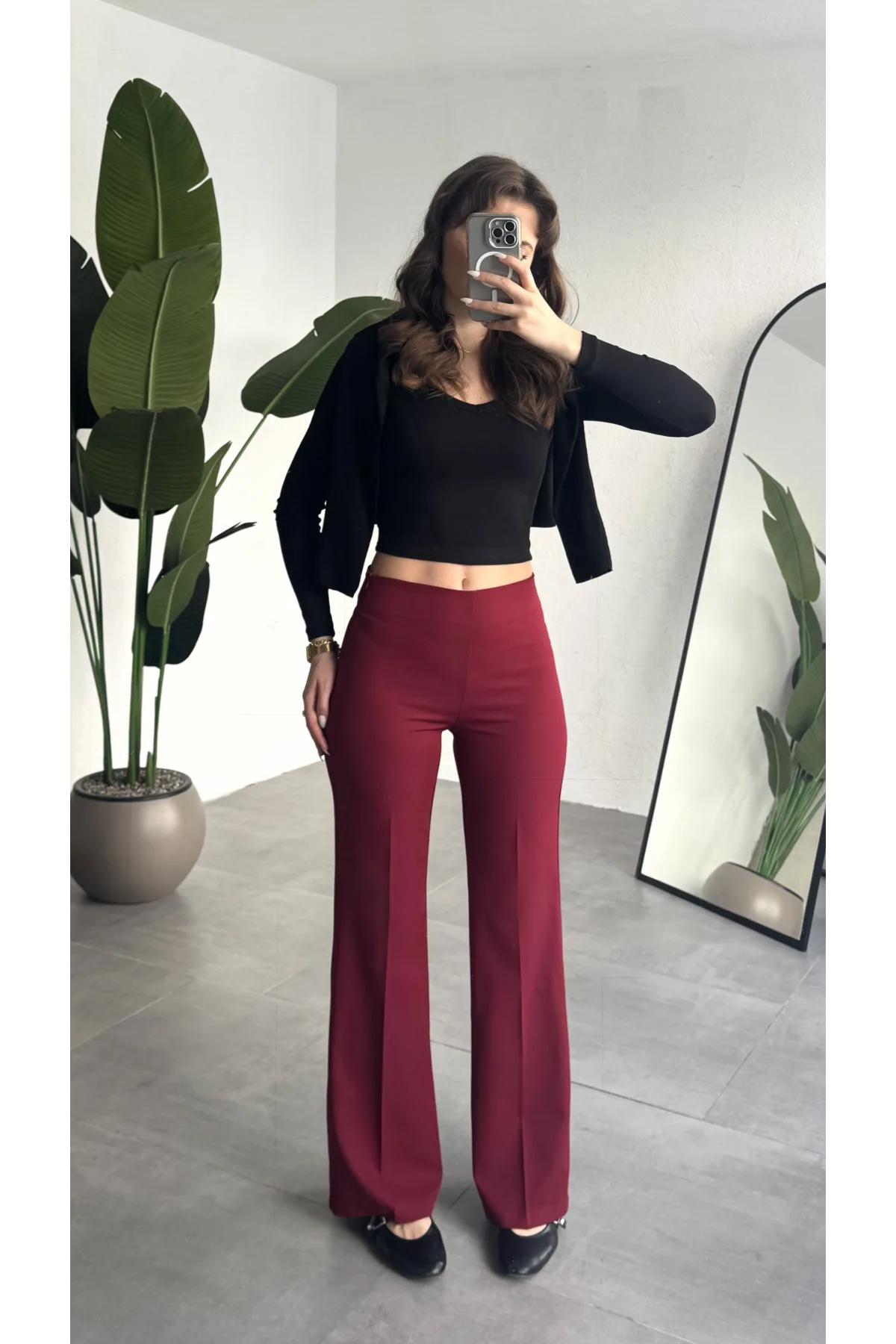 Kadın Bordo Yüksek Bel Bol Paça Kumaş Pantolon Toparlayıcı Ofis Günlük Şık Palazzo Pantolon