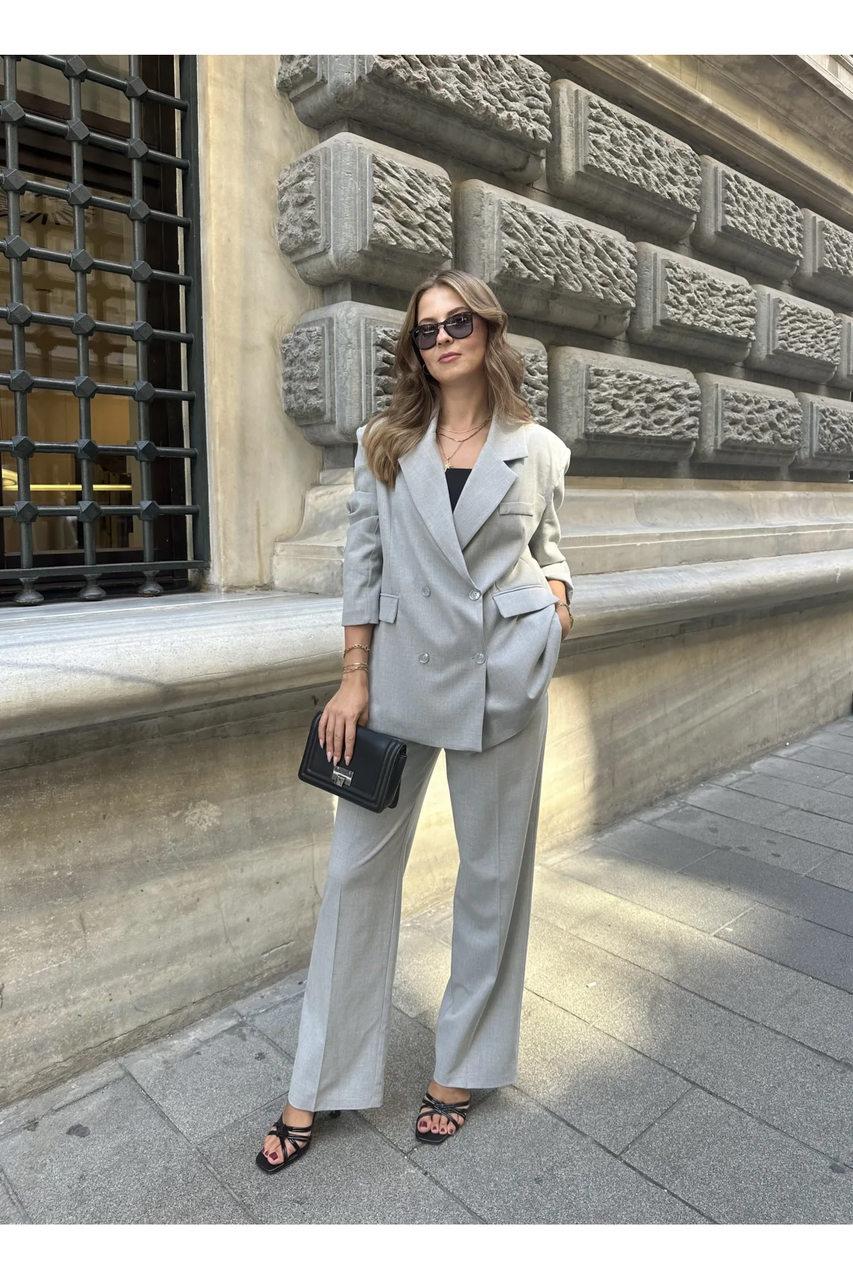 Kadın Açık Gri Oversize Kruvaze Blazer Ceket Çift Düğmeli Ofis Şık Klasik Ceket