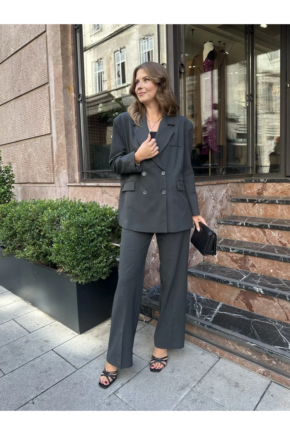 Kadın Antrasit Oversize Kruvaze Blazer Ceket Çift Düğmeli Ofis Şık Klasik Ceket