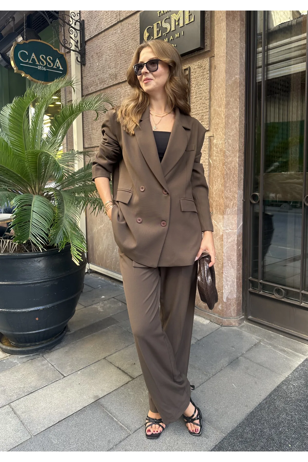 Kadın Kahverengi Oversize Kruvaze Blazer Ceket Çift Düğmeli Ofis Şık Ceket