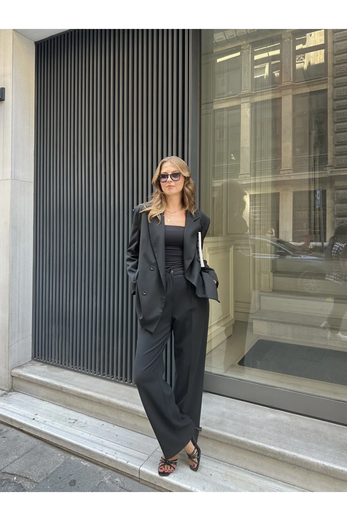 Kadın Siyah Oversize Kruvaze Blazer Ceket Çift Düğmeli Ofis Şık Klasik Ceket