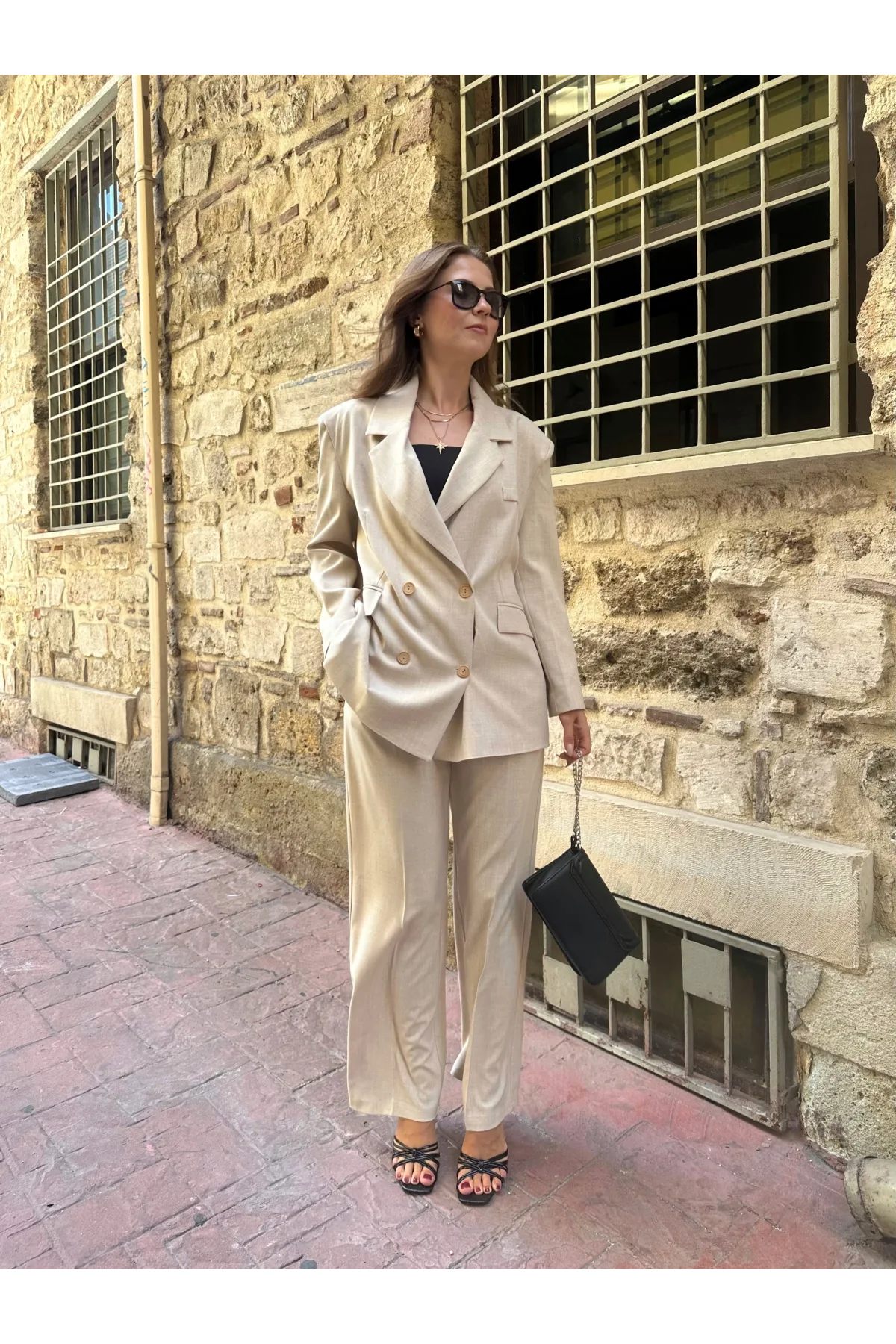 Kadın Krem Oversize Kruvaze Blazer Ceket Çift Düğmeli Ofis Şık Klasik Takım Ceket