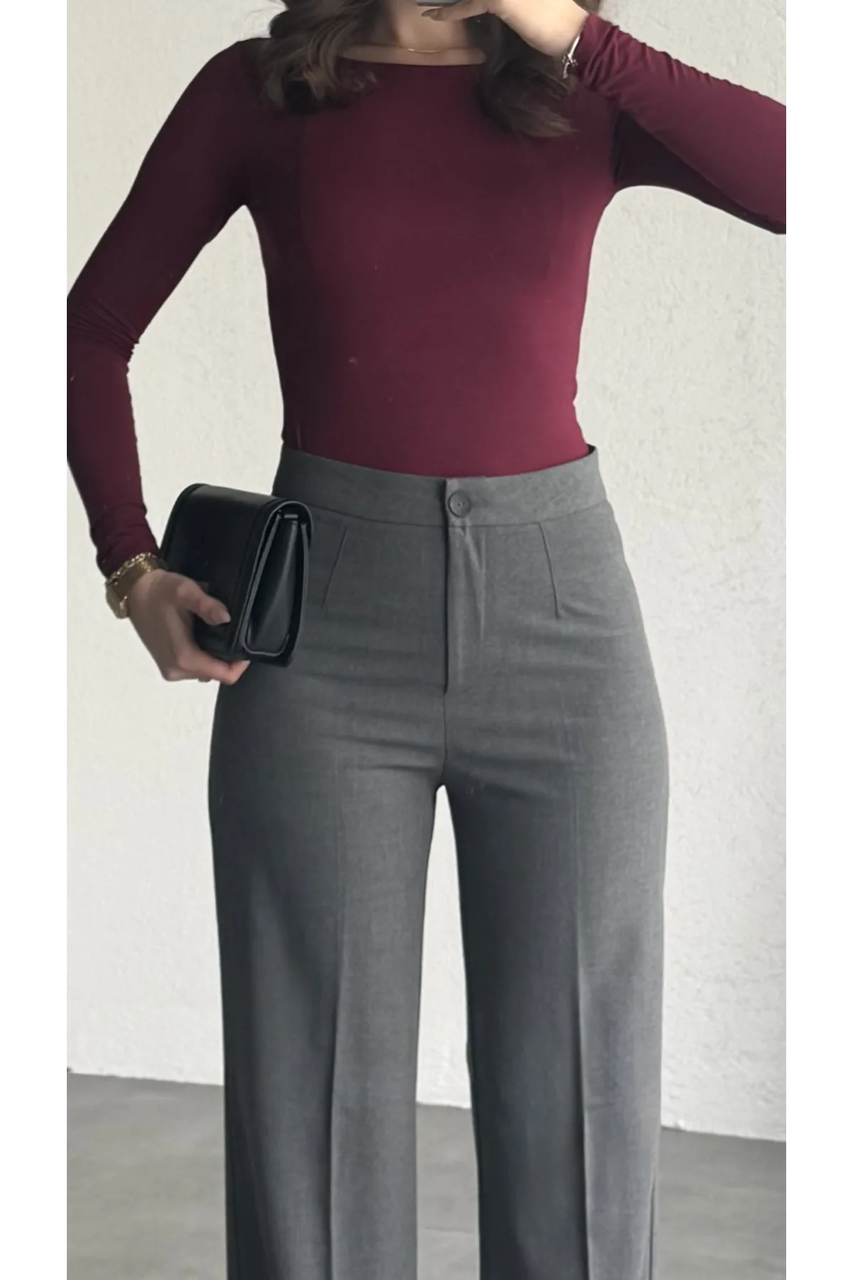 Kadın Antrasit Yüksek Bel Kumaş Pantolon Wide Leg Bol Paça Ofis Şık Klasik Palazzo Pantolon