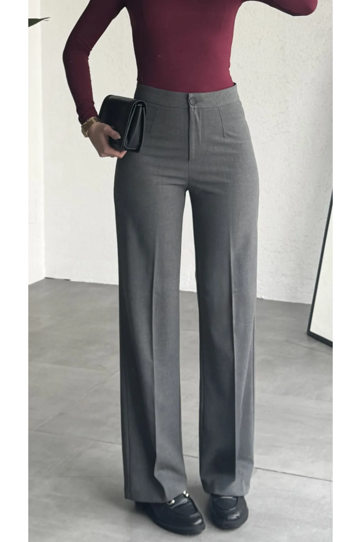 Kadın Antrasit Yüksek Bel Kumaş Pantolon Wide Leg Bol Paça Ofis Şık Klasik Palazzo Pantolon