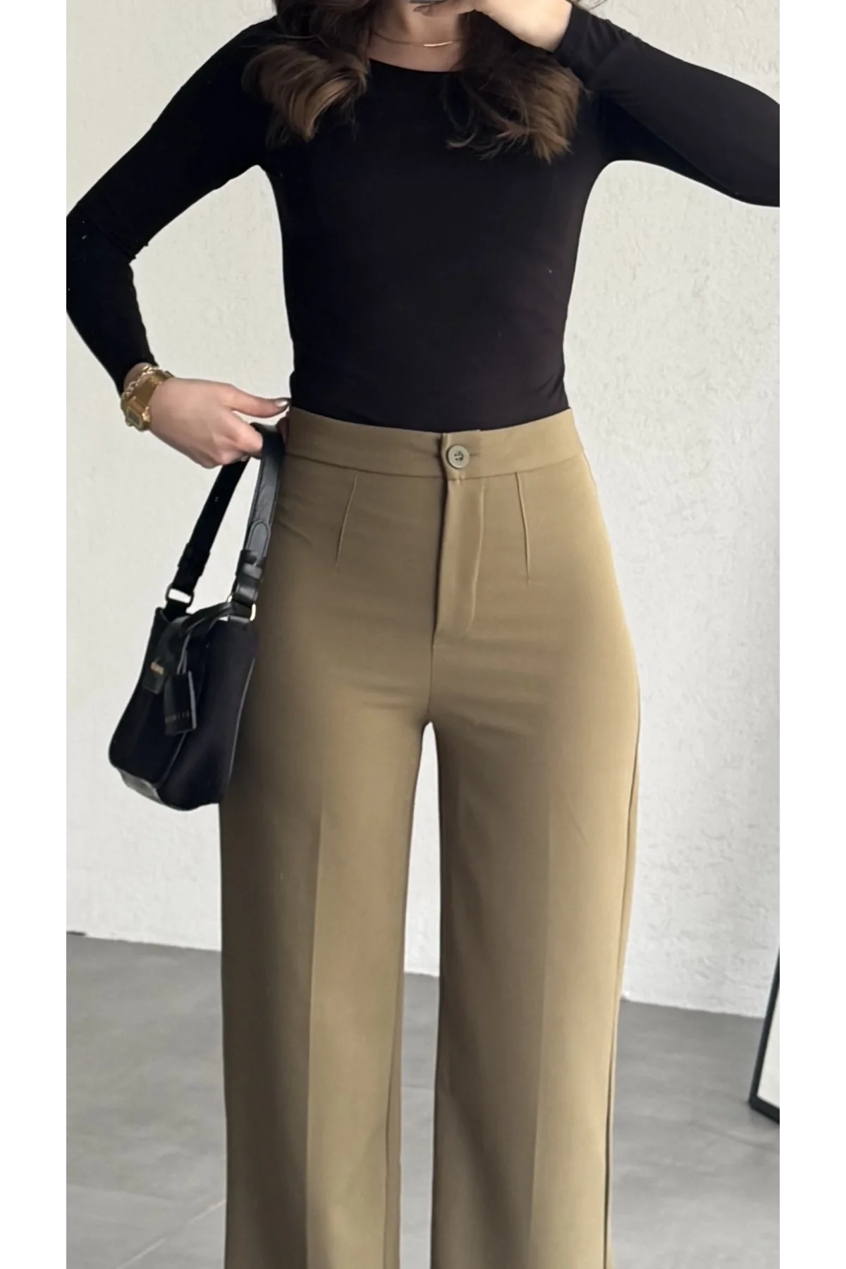 Kadın Haki Yüksek Bel Kumaş Pantolon Wide Leg Bol Paça Ofis Şık Klasik Palazzo Pantolon