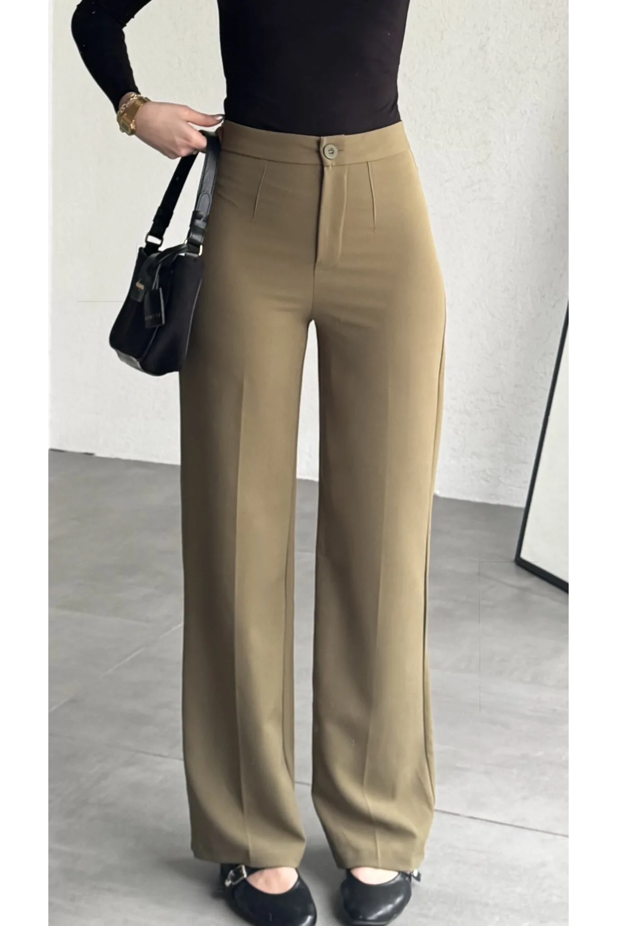 Kadın Haki Yüksek Bel Kumaş Pantolon Wide Leg Bol Paça Ofis Şık Klasik Palazzo Pantolon