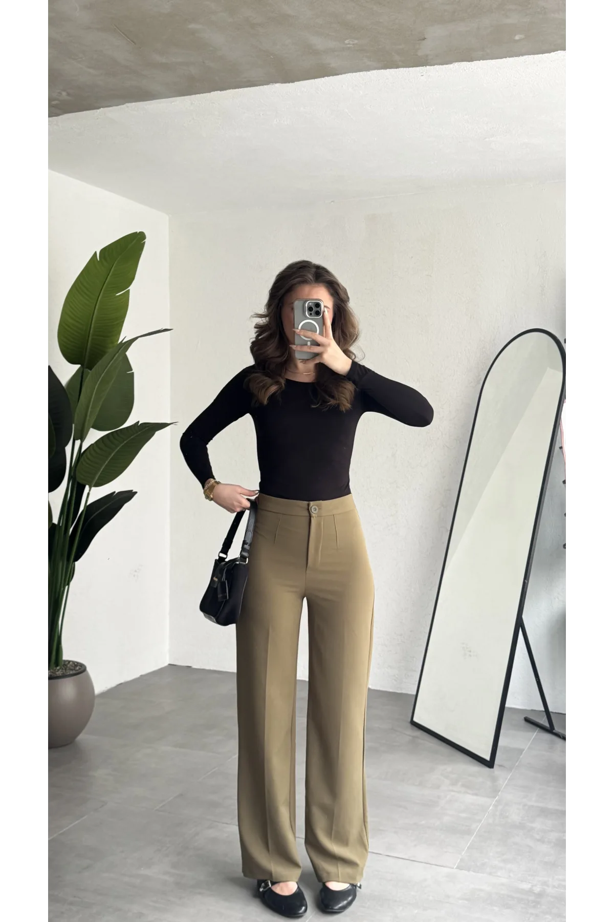 Kadın Haki Yüksek Bel Kumaş Pantolon Wide Leg Bol Paça Ofis Şık Klasik Palazzo Pantolon