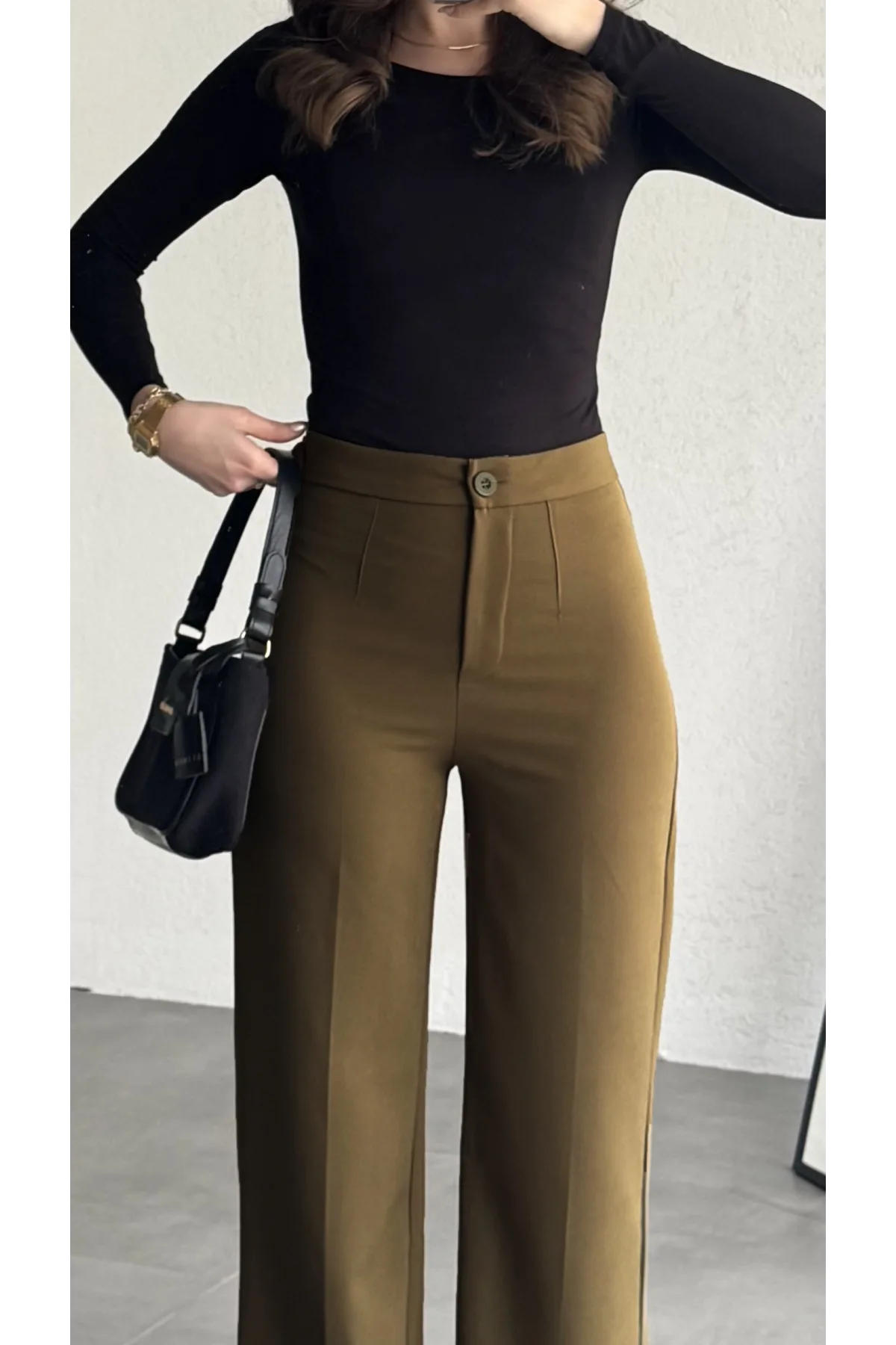 Kadın Kahverengi Yüksek Bel Kumaş Pantolon Wide Leg Bol Paça Ofis Şık Klasik Palazzo Pantolon