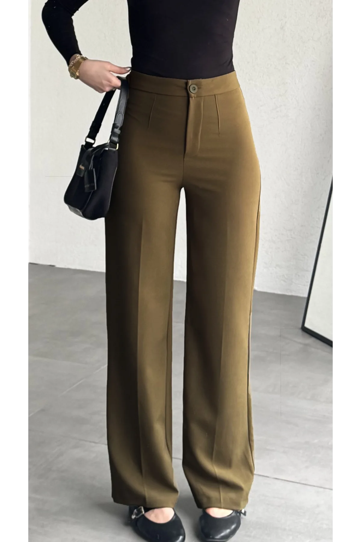 Kadın Kahverengi Yüksek Bel Kumaş Pantolon Wide Leg Bol Paça Ofis Şık Klasik Palazzo Pantolon