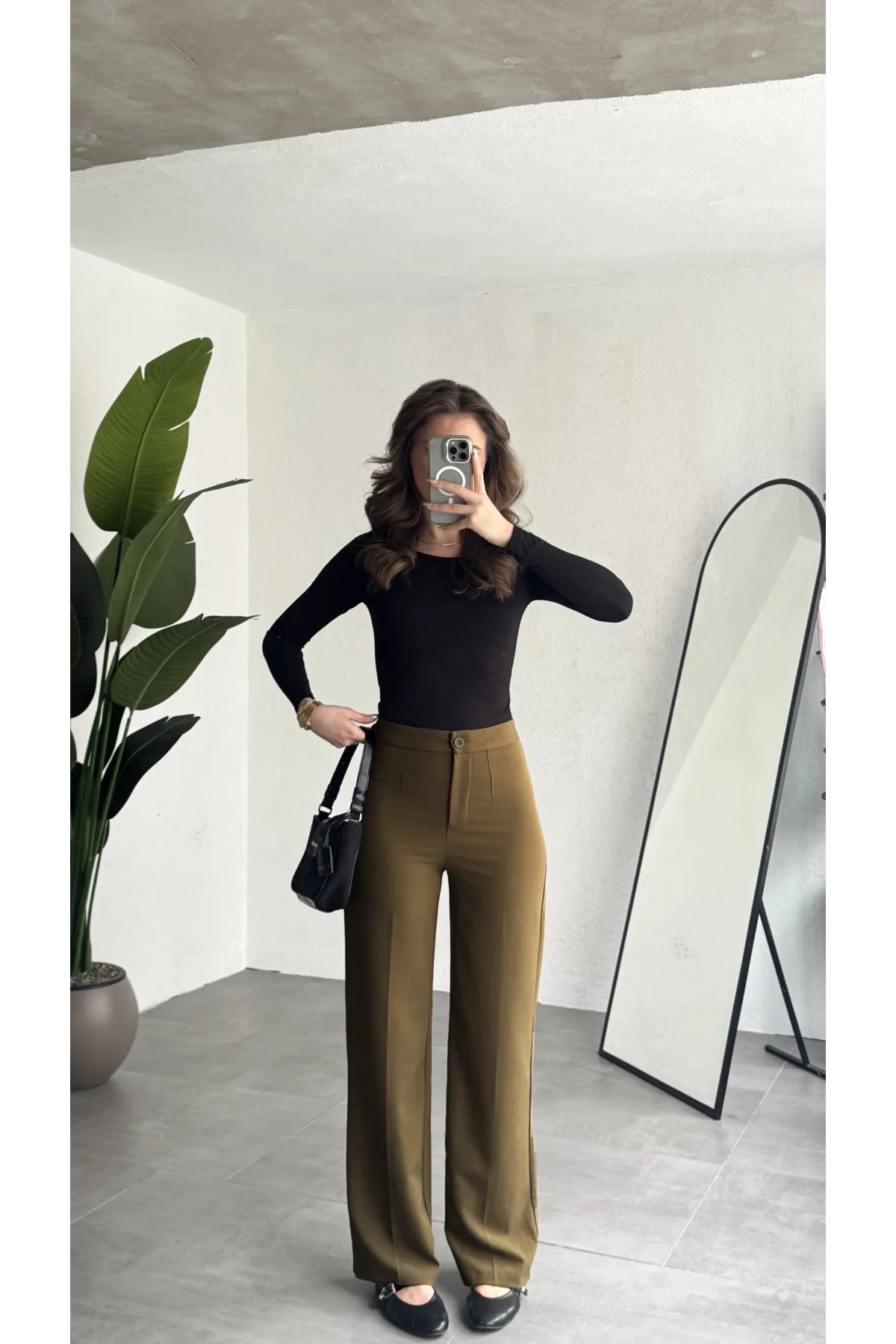 Kadın Kahverengi Yüksek Bel Kumaş Pantolon Wide Leg Bol Paça Ofis Şık Klasik Palazzo Pantolon