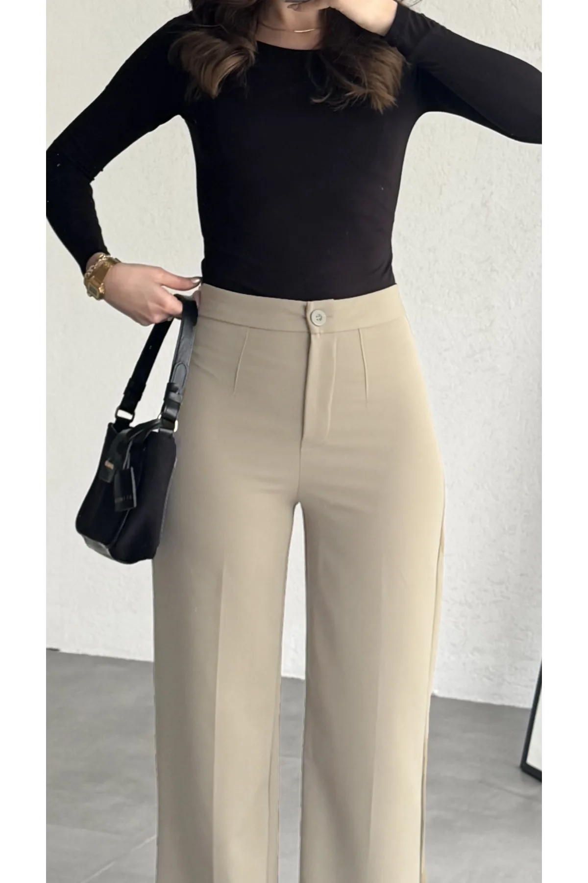 Kadın Krem Yüksek Bel Kumaş Pantolon Wide Leg Bol Paça Ofis Şık Klasik Palazzo Pantolon