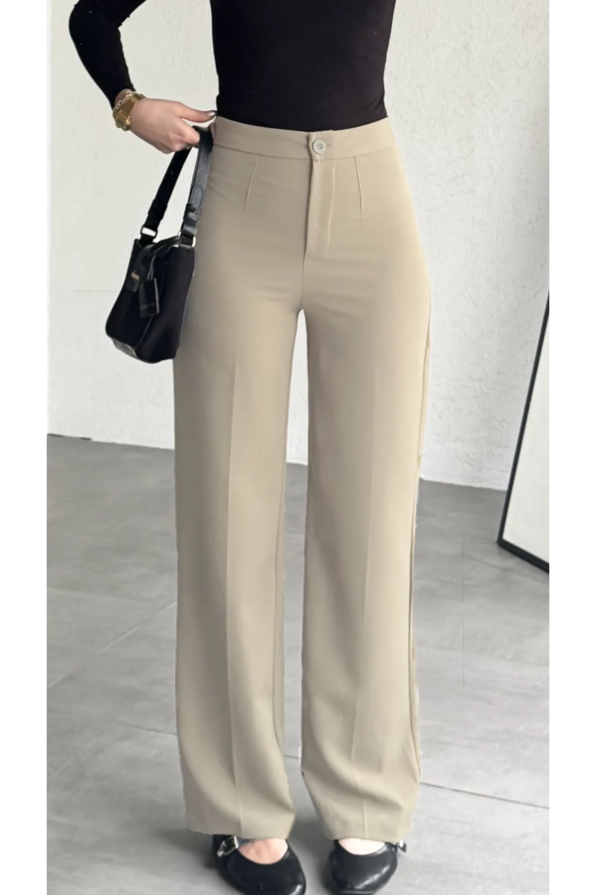 Kadın Krem Yüksek Bel Kumaş Pantolon Wide Leg Bol Paça Ofis Şık Klasik Palazzo Pantolon