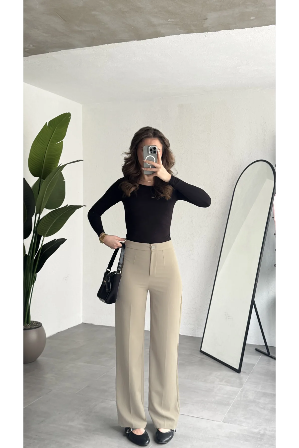 Kadın Krem Yüksek Bel Kumaş Pantolon Wide Leg Bol Paça Ofis Şık Klasik Palazzo Pantolon