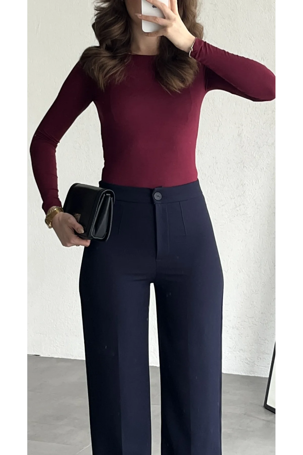 Kadın Lacivert Yüksek Bel Kumaş Pantolon Wide Leg Bol Paça Ofis Şık Klasik Palazzo Pantolon