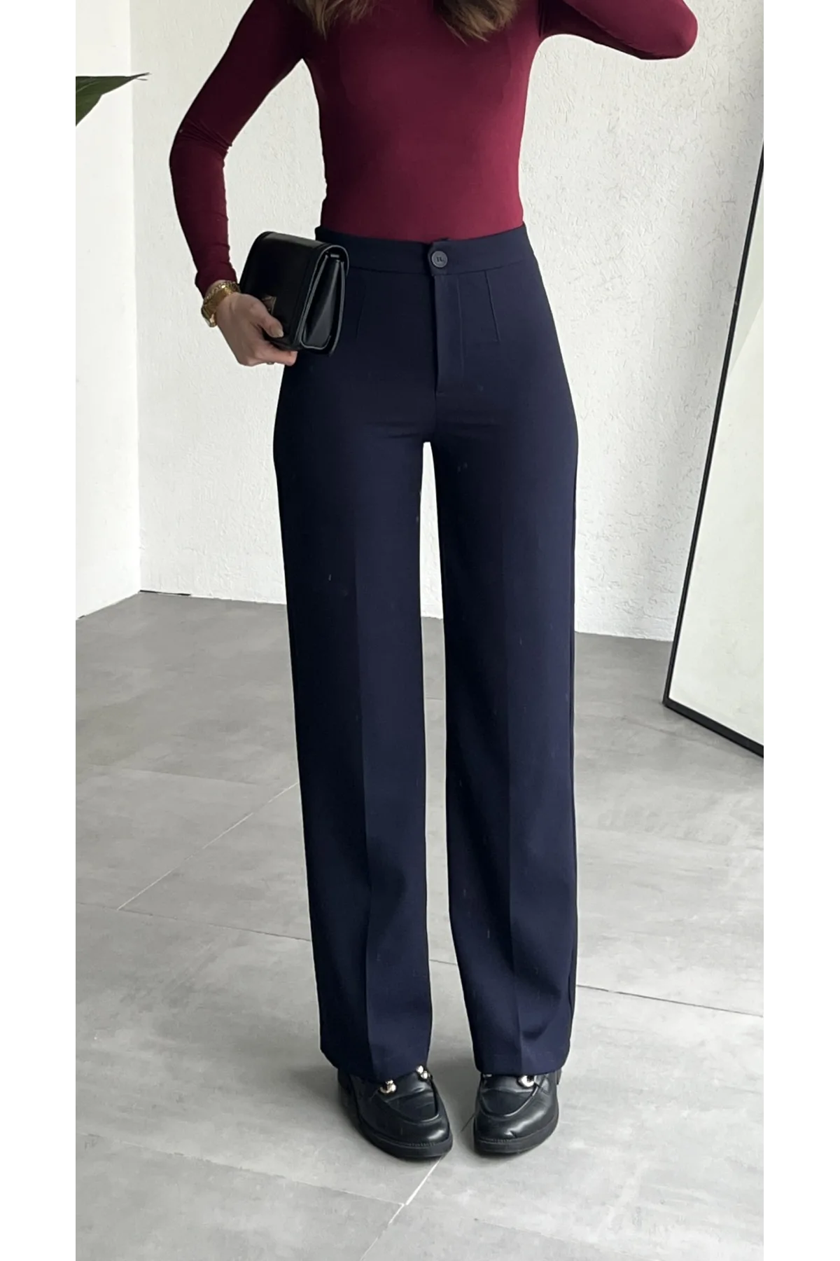 Kadın Lacivert Yüksek Bel Kumaş Pantolon Wide Leg Bol Paça Ofis Şık Klasik Palazzo Pantolon