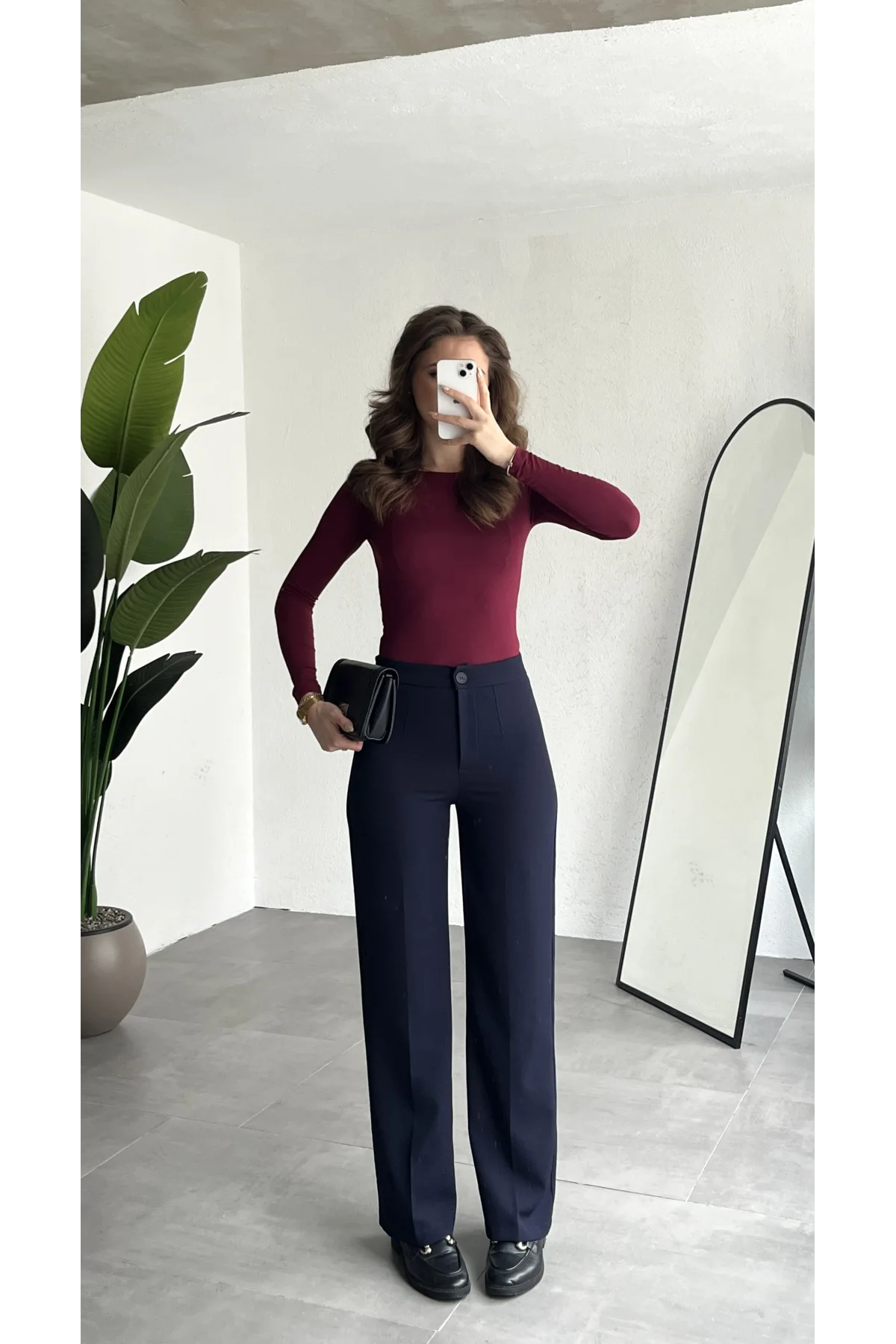 Kadın Lacivert Yüksek Bel Kumaş Pantolon Wide Leg Bol Paça Ofis Şık Klasik Palazzo Pantolon