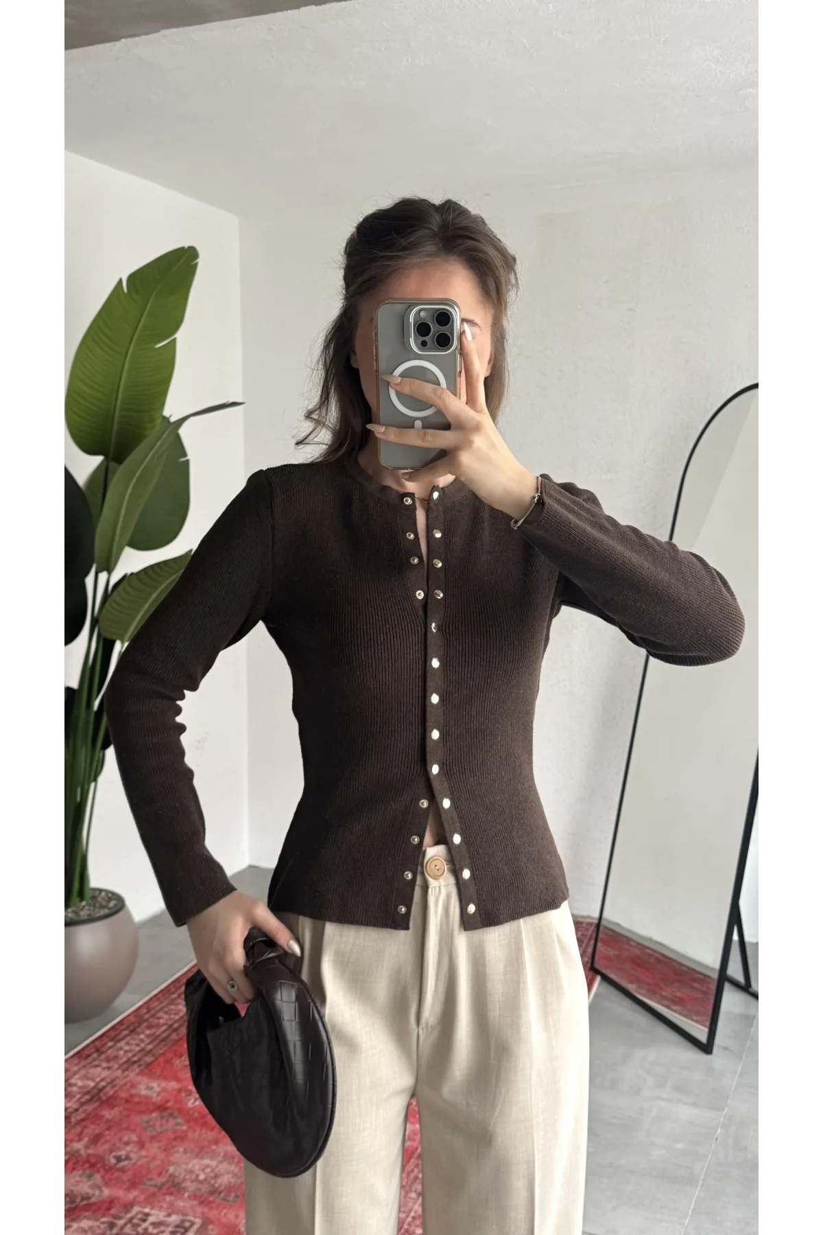 Kadın Kahverengi Fitilli Triko Hırka Çıt Çıtlı Dar Kesim Basic Şık Uzun Kollu