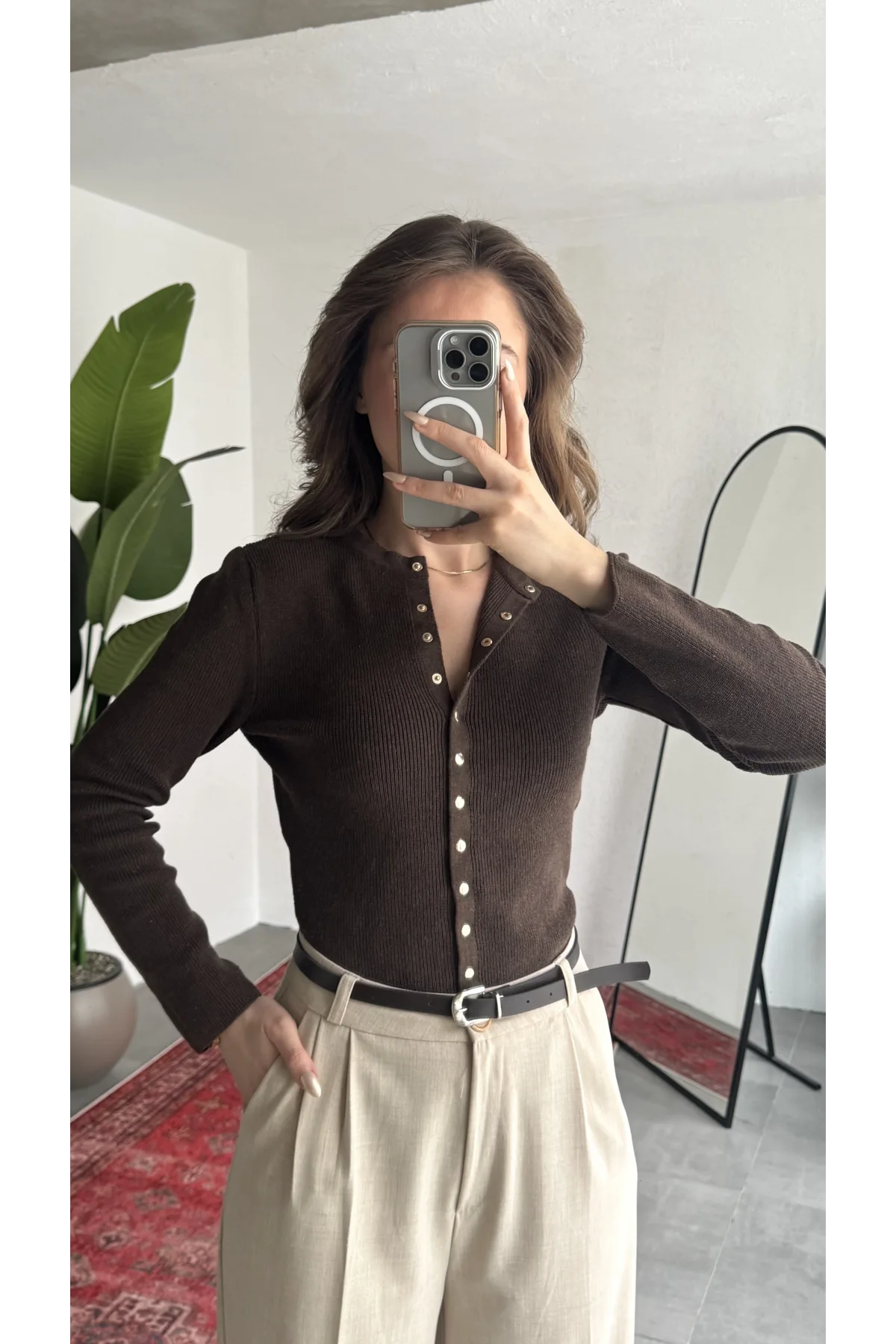 Kadın Kahverengi Fitilli Triko Hırka Çıt Çıtlı Dar Kesim Basic Şık Uzun Kollu