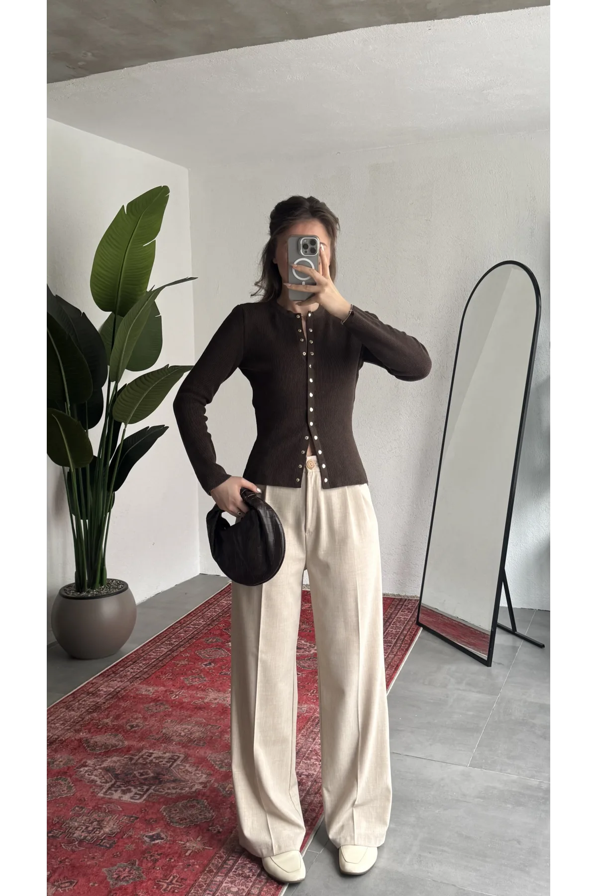 Kadın Kahverengi Fitilli Triko Hırka Çıt Çıtlı Dar Kesim Basic Şık Uzun Kollu