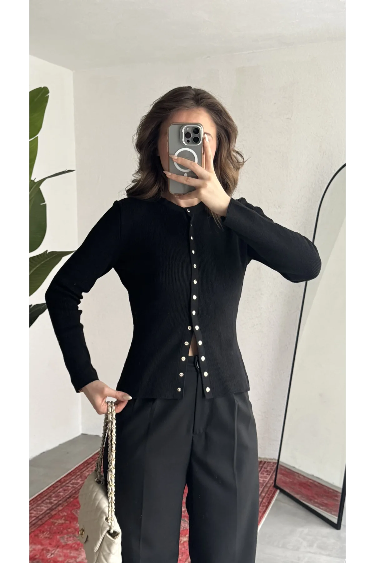 Kadın Siyah Fitilli Triko Hırka Çıt Çıtlı Dar Kesim Basic Şık Uzun Kollu