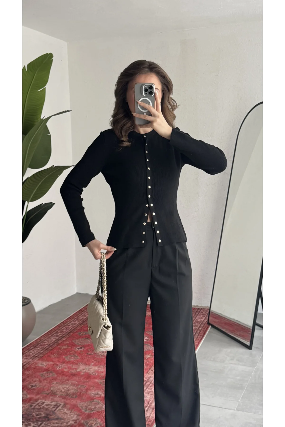 Kadın Siyah Fitilli Triko Hırka Çıt Çıtlı Dar Kesim Basic Şık Uzun Kollu