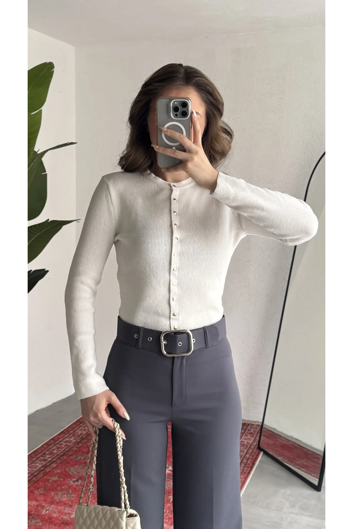 Kadın Ekru Fitilli Triko Hırka Çıt Çıtlı Dar Kesim Basic Şık Uzun Kollu