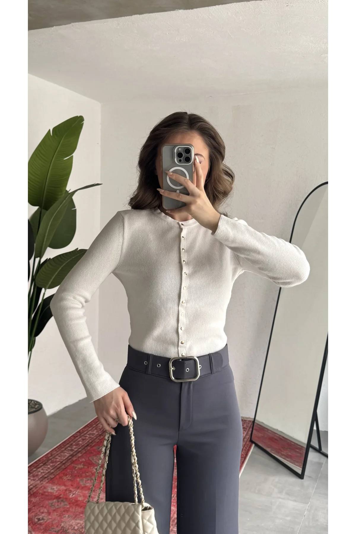 Kadın Ekru Fitilli Triko Hırka Çıt Çıtlı Dar Kesim Basic Şık Uzun Kollu