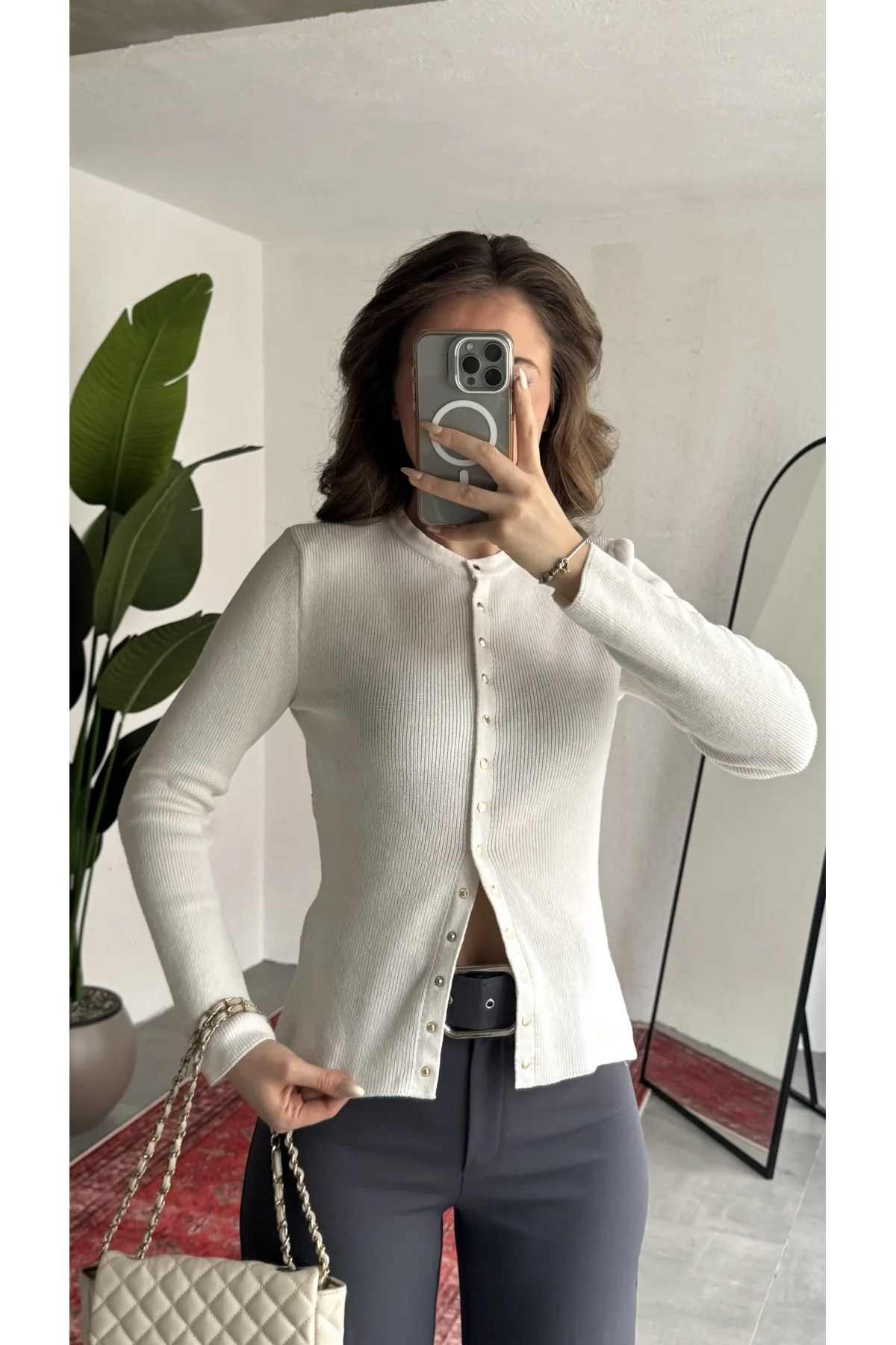 Kadın Ekru Fitilli Triko Hırka Çıt Çıtlı Dar Kesim Basic Şık Uzun Kollu