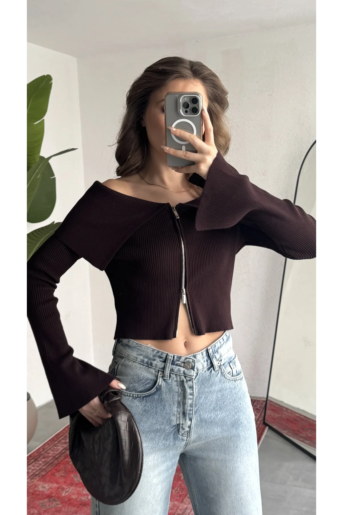 Kadın Kahve Fitilli Triko Hırka Çift Fermuarlı Madonna Yaka Basic Şık Uzun Kollu