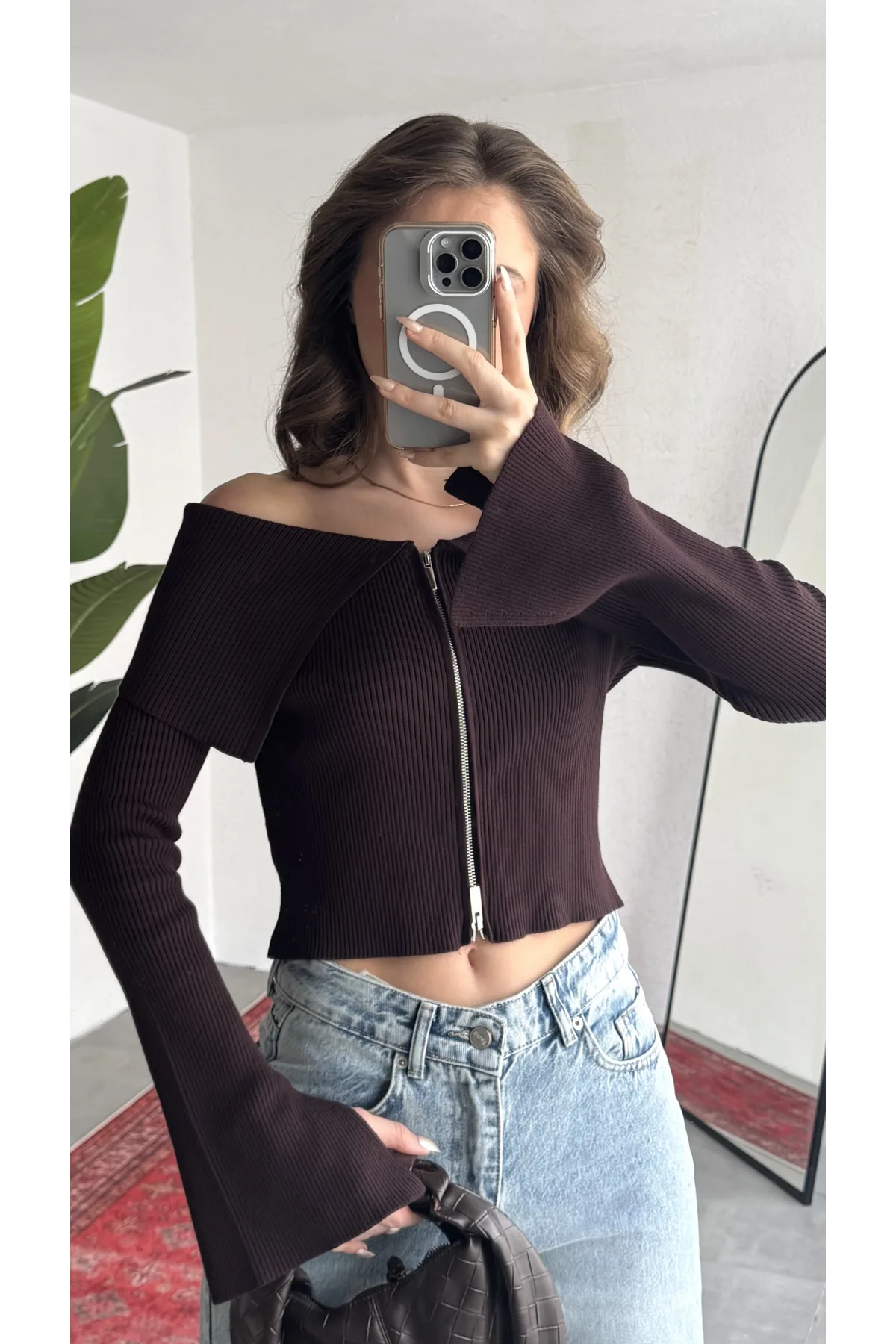 Kadın Kahve Fitilli Triko Hırka Çift Fermuarlı Madonna Yaka Basic Şık Uzun Kollu