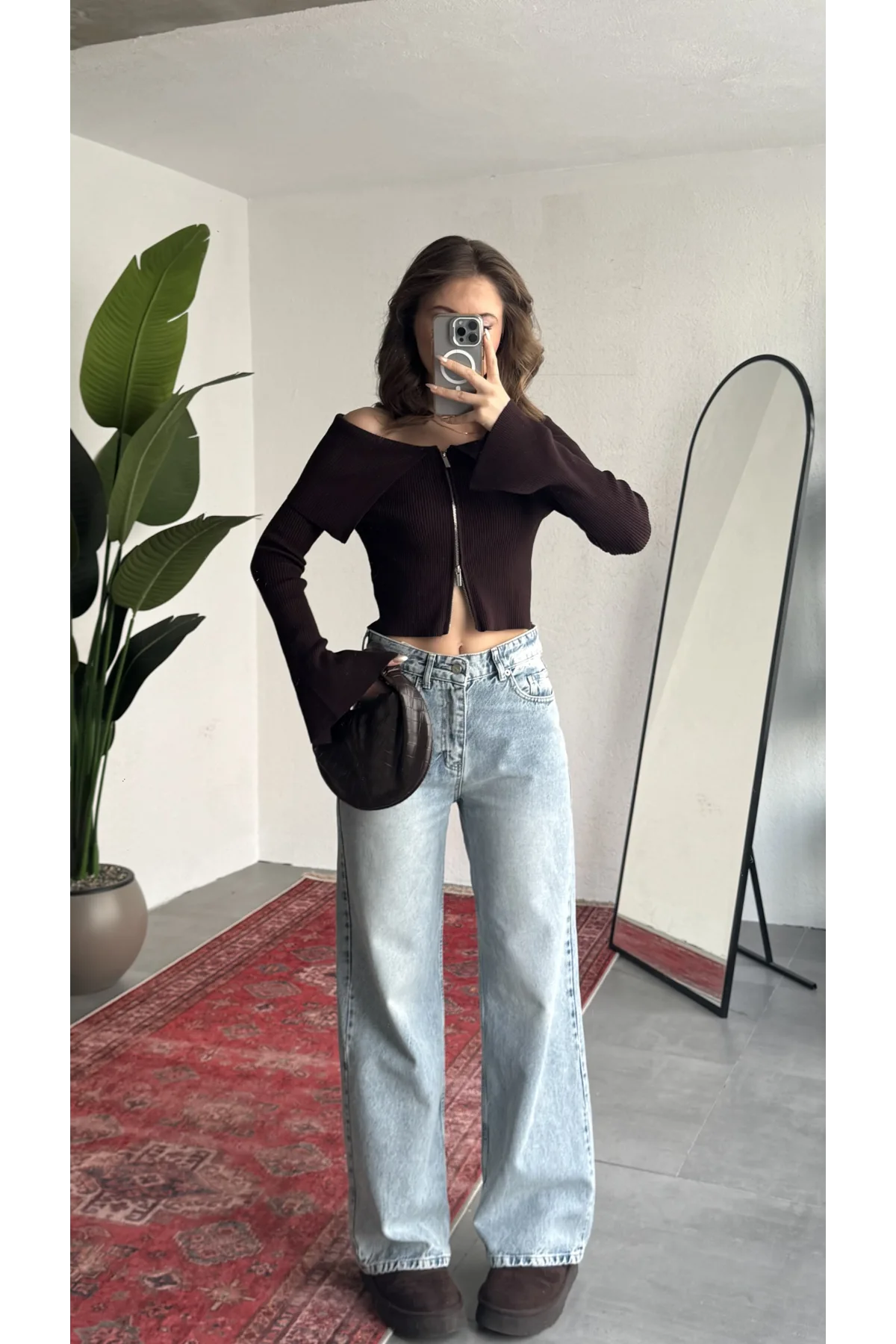 Kadın Kahve Fitilli Triko Hırka Çift Fermuarlı Madonna Yaka Basic Şık Uzun Kollu