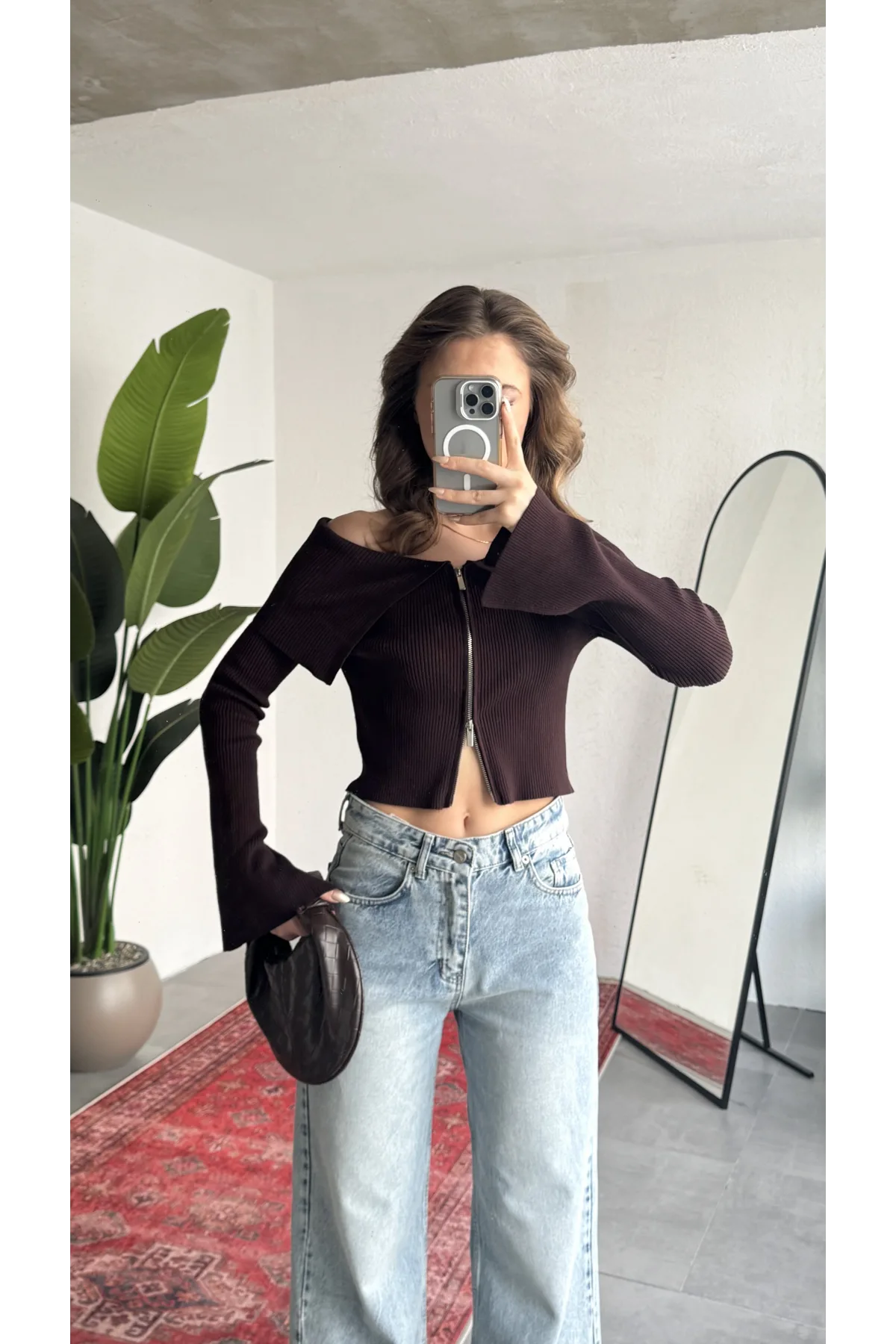 Kadın Kahve Fitilli Triko Hırka Çift Fermuarlı Madonna Yaka Basic Şık Uzun Kollu