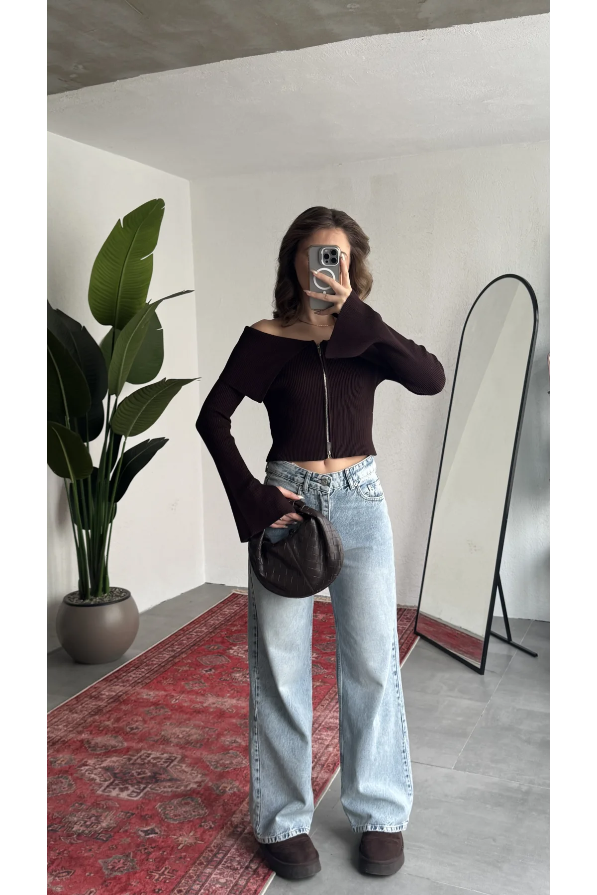 Kadın Kahve Fitilli Triko Hırka Çift Fermuarlı Madonna Yaka Basic Şık Uzun Kollu