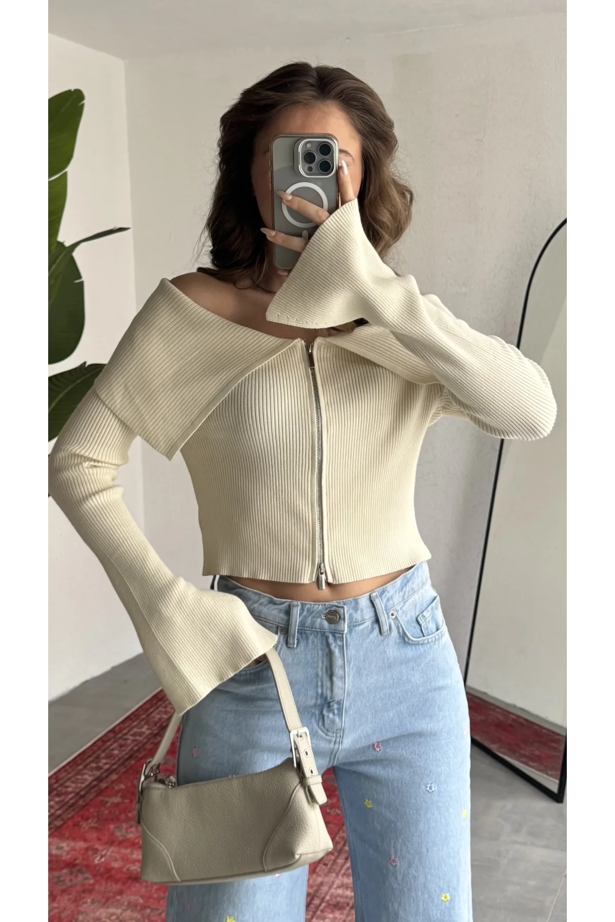Kadın Krem Fitilli Triko Hırka Çift Fermuarlı Madonna Yaka Basic Şık Uzun Kollu